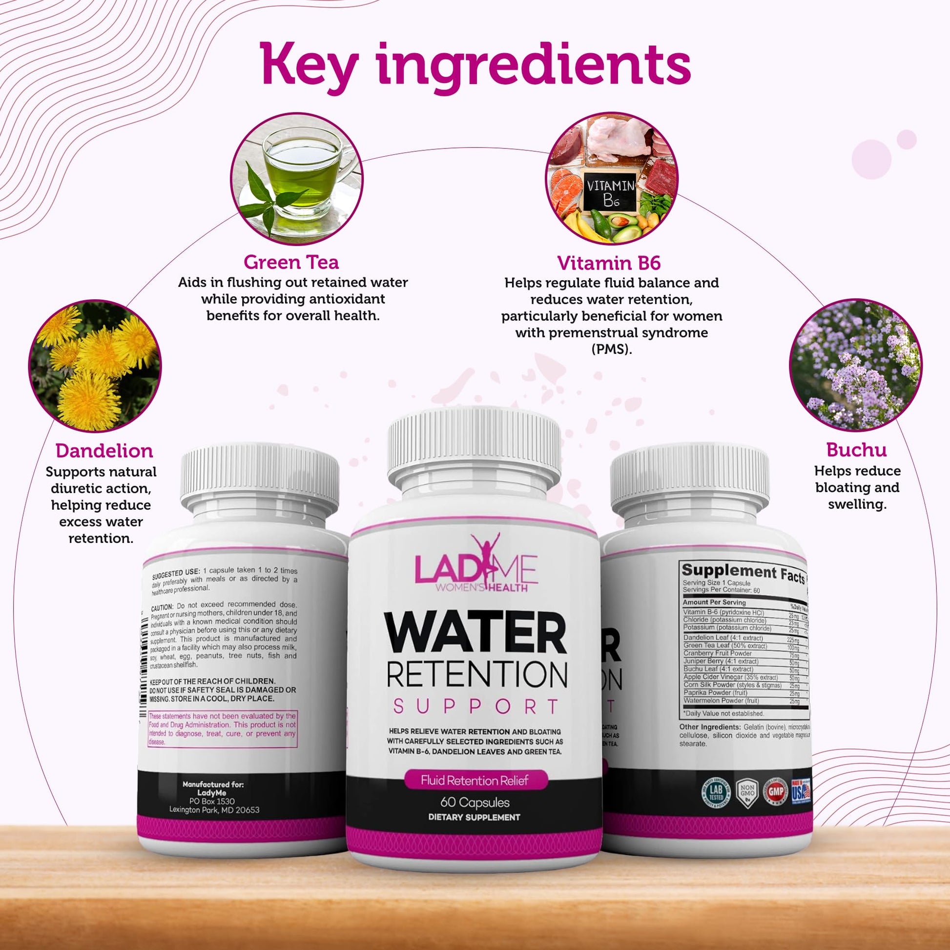 Water Retention Pills for Women Bloating Relief with Vitamin B6, Dandelion & Green Tea Natural LADYME WOMEN'S HEALTHAu supplements