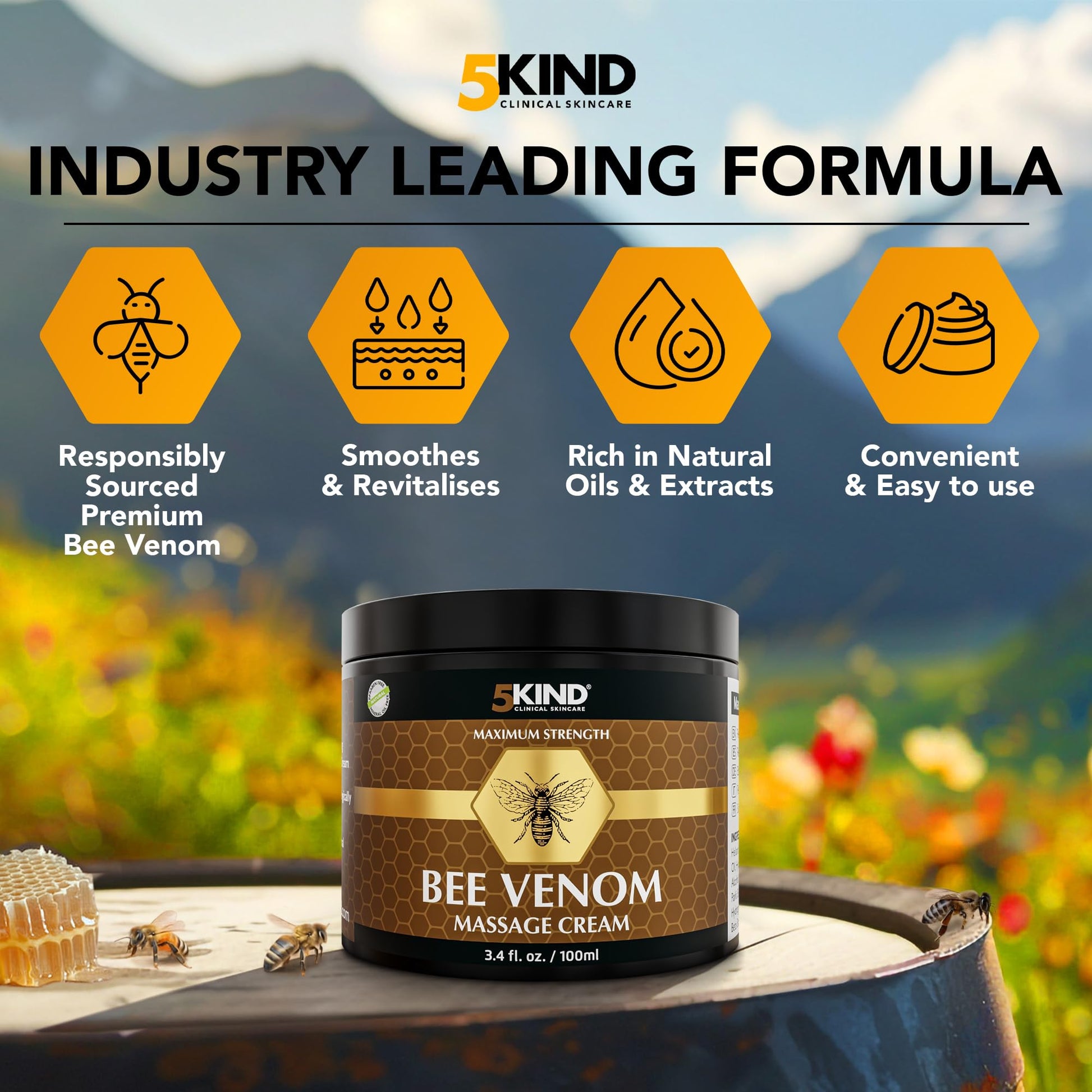 5kind Maximum Strength Bee Venom Cream - Naturally Massage Joints & Muscles, Lower Back, Knee, Neck, Shoulder, Hip & Feet - Responsibly Sourced Premium Bee Venom Cream 3.4 Fl Oz 5kind clinical skincareAu supplements