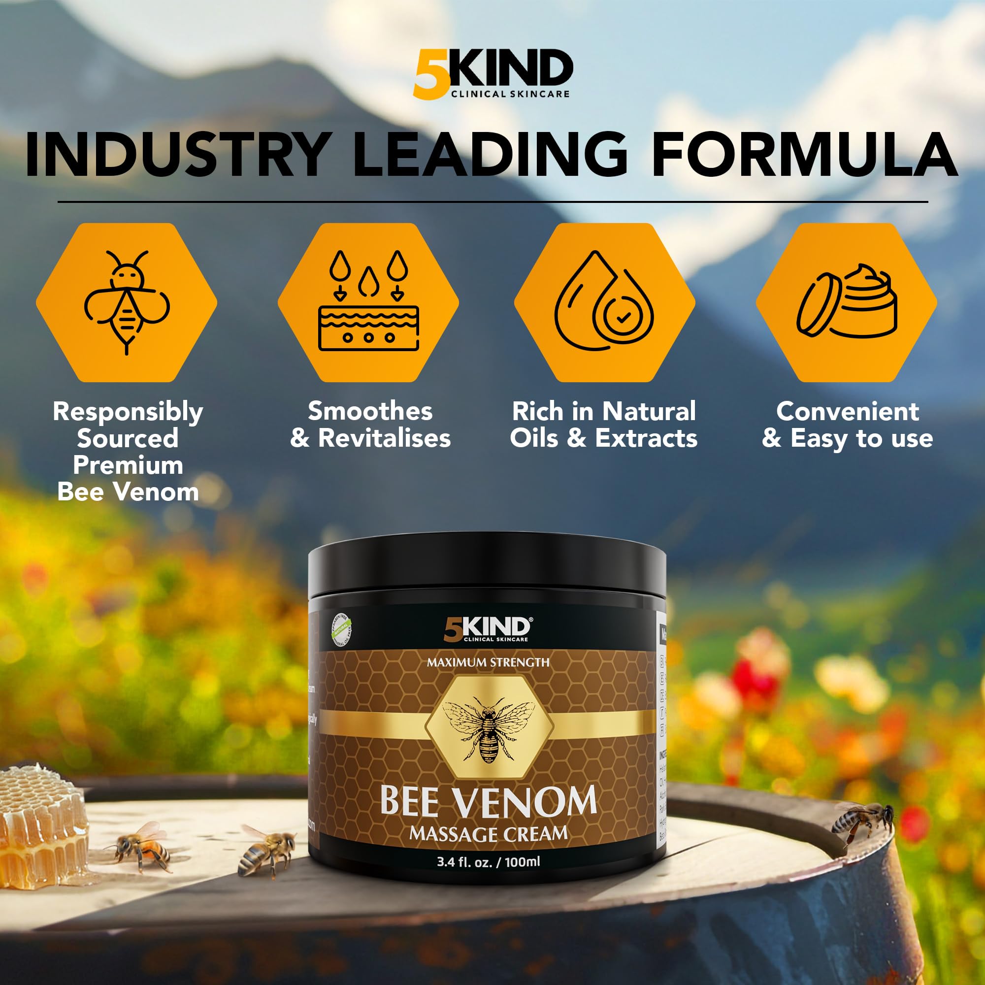5kind Maximum Strength Bee Venom Cream - Naturally Massage Joints & Muscles, Lower Back, Knee, Neck, Shoulder, Hip & Feet - Responsibly Sourced Premium Bee Venom Cream 3.4 Fl Oz 5kind clinical skincareAu supplements