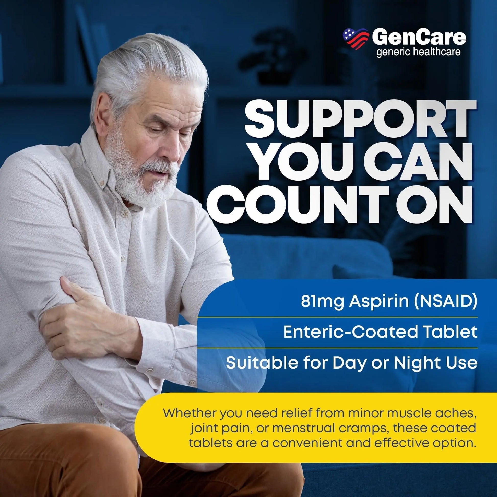 GenCare - Low Dose Aspirin 81mg for Adults Coated (NSAID) 500 Tablets | Adult Low Dose | Enteric Coated Aspirin Pills | Muscle Pain & Menstrual Pain Relief | Fever Reducer | Generic Bayer GenCareAu supplements
