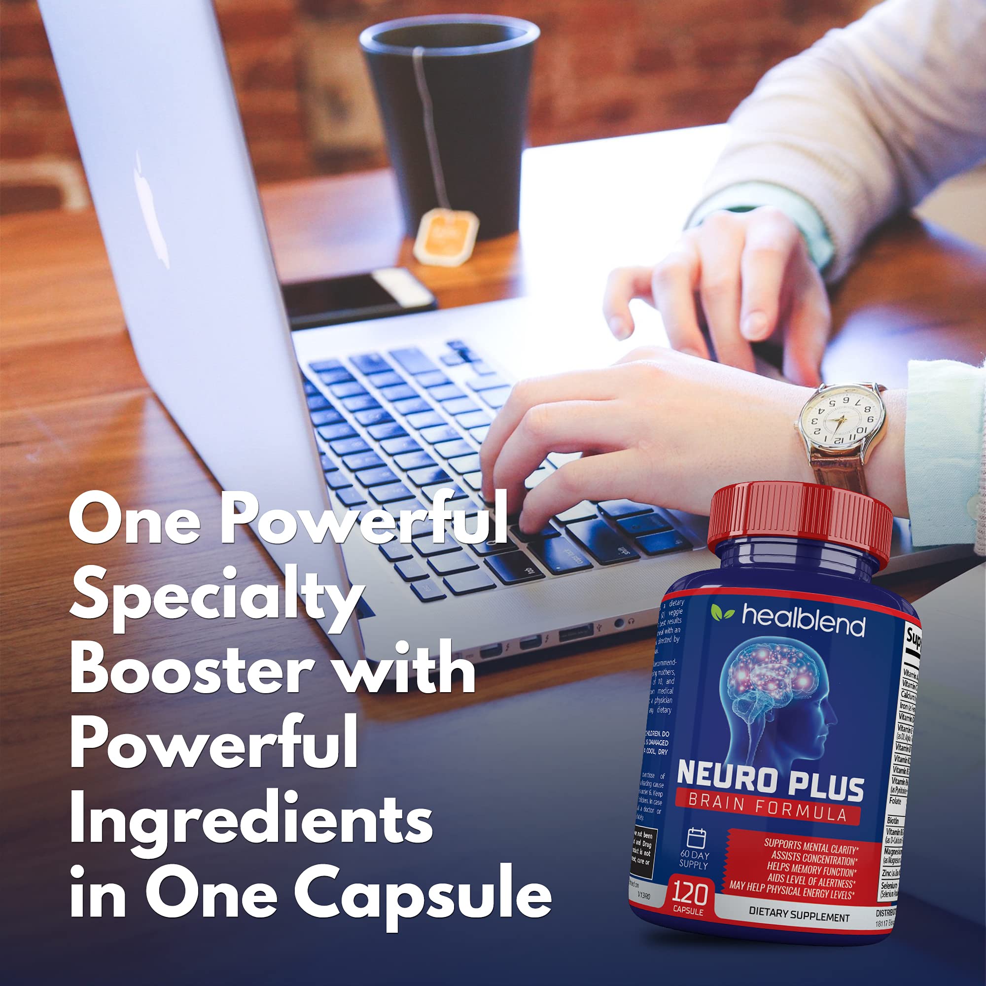 Neuro Plus Brain & Focus Formula - Nootropic Brain Booster Supplement, Supports Brain Health, Mental Clarity & Focus - Enhances Concentration & Mental Energy – 120 Capsules (1) healblendAu supplements