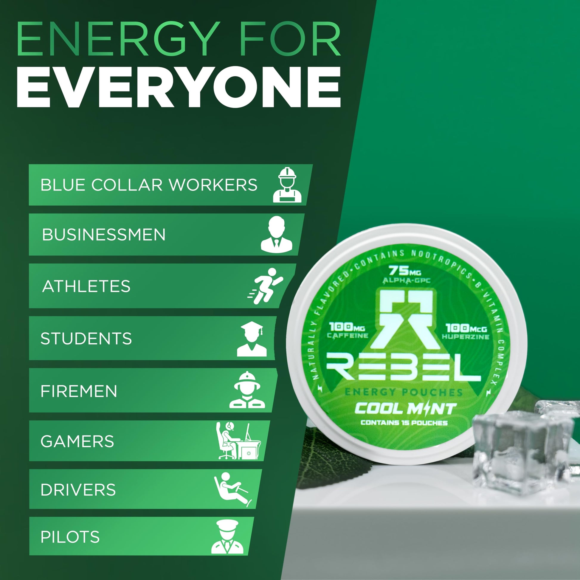 Rebel Nootropic Energy Caffeine Pouches (Cool Mint) • 100mg Caffeine • Alpha GPC • Huperzine A & Essential Vitamins • Sugar-Free • Coconut Fiber Technology • 15 Pouches Per Can (Pack of 4) Rebel SupplementsAu supplements