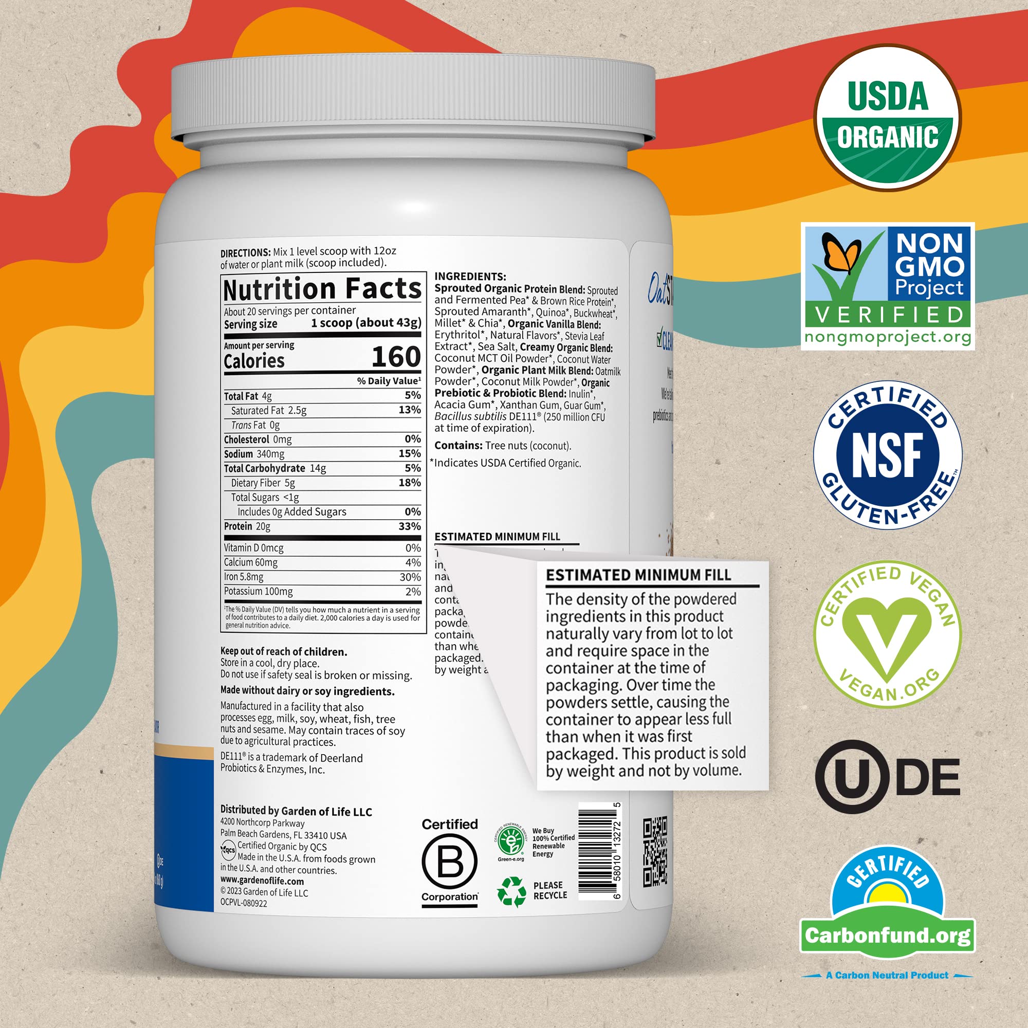 Garden of Life Creamy Vanilla Cookie Protein Powder + Oatmilk 20g Organic Vegan Plant Garden of LifeUS supplements