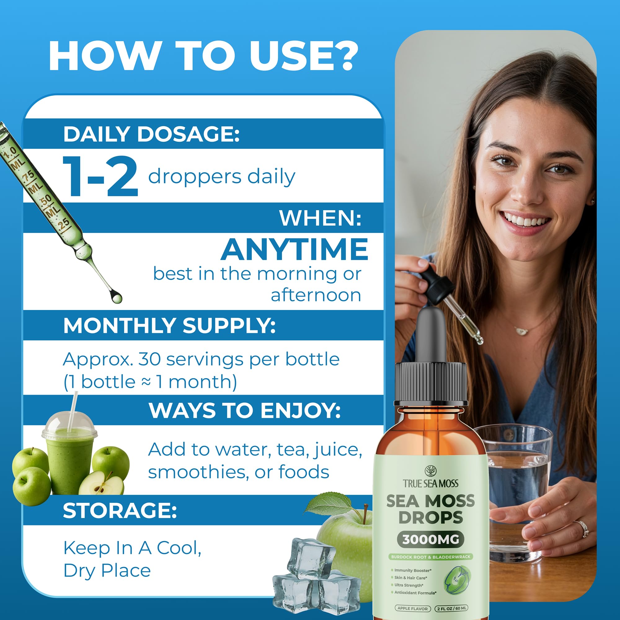 Irish Sea Moss Liquid Drops - 3000mg Formula - with Bladderwrack, Burdock Root & Black Cumin Seed - Liquid Supplement - Apple Flavor - 2 Fl Oz (60ml) TrueSeaMossAu supplements