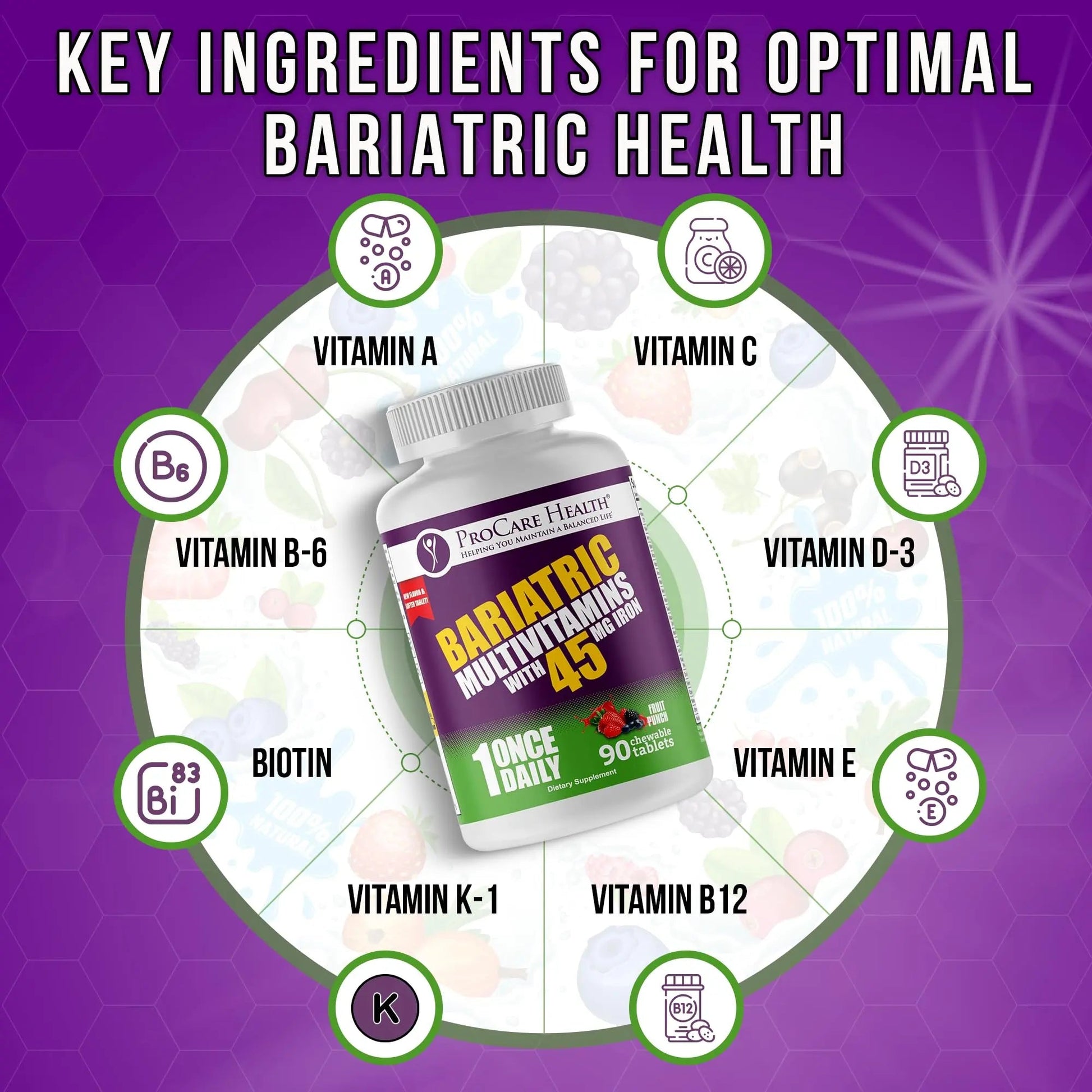 Procare Health Bariatric Multivitamin with Iron 45mg Chewable (90 Tablets) - Fruit Punch Flavor Bariatric Multivitamin Chewable Pills for Gastric Bypass ProCare HealthAu supplements