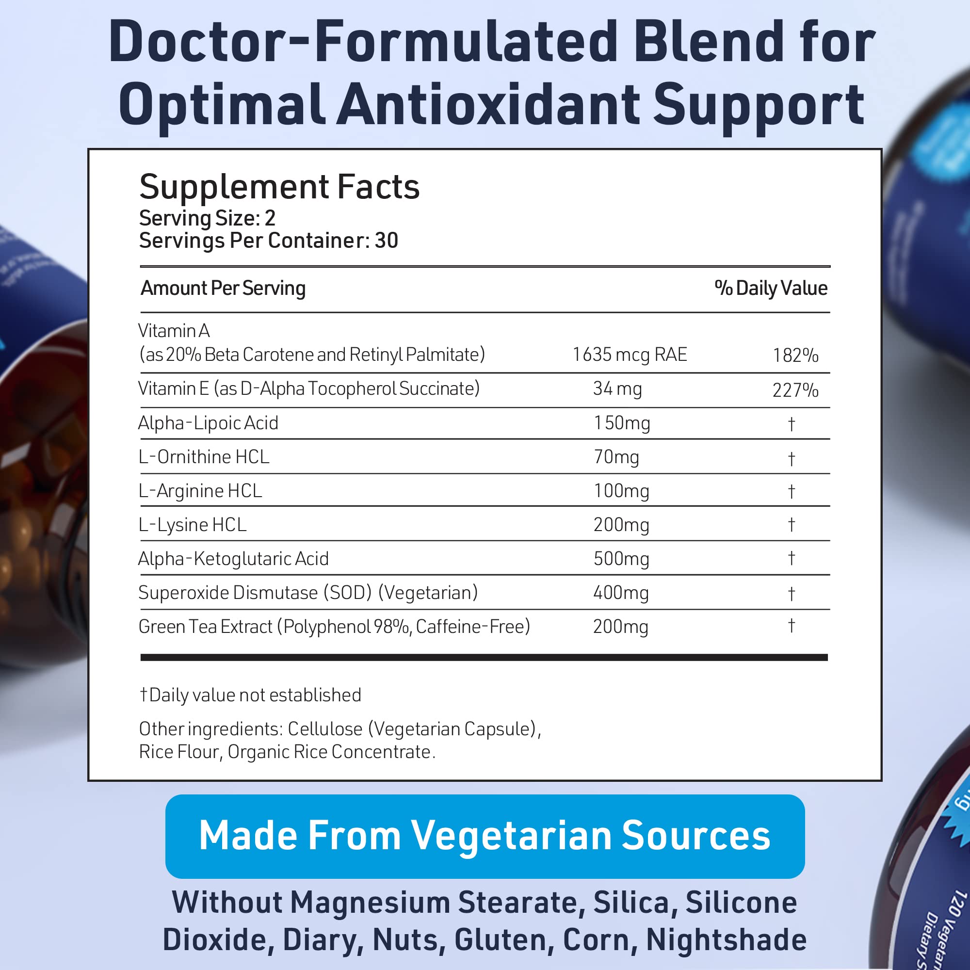 SOD Antioxidants Complex Healthy Aging Supplement - 400mg of Superoxide Dismutase - Alpha Lipoic Acid - L-Arginine -Lysine - AKG - Vitamin A - Vitamin E for Immune Support-60 Capsules AgeImmuneAu supplements