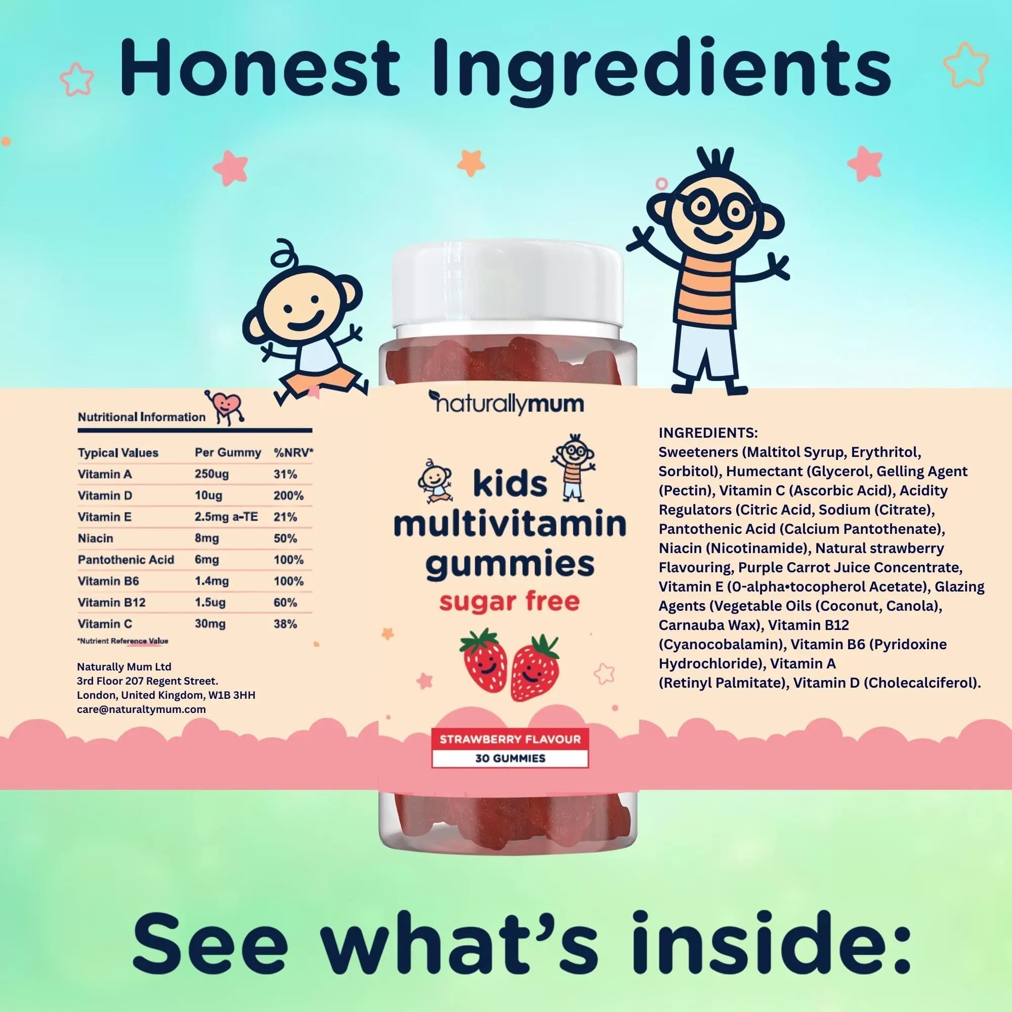 NaturallyMum Kids Multivitamin Gummies | for Children | Vegan Friendly | 30 Chewable Gummies | with Vitamins A, D, E, B6, B12, C | NaturallyMumAu supplements