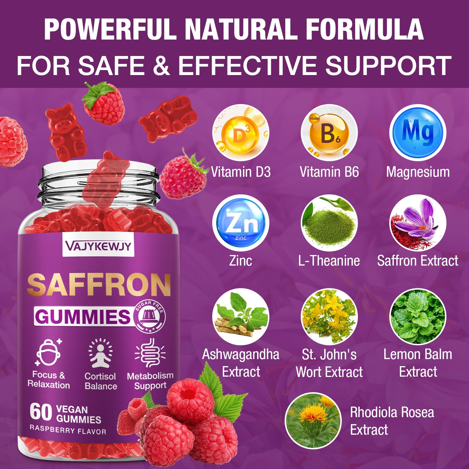 VAJYKEWJY Saffron Gummies (88.5 mg) with Magnesium — Enhanced with St. John’s Wort, Rhodiola, Ashwagandha & Vitamins B6, B12, D3 for Mood & Focus Support — 60 Count VAJYKEWJYAu supplements