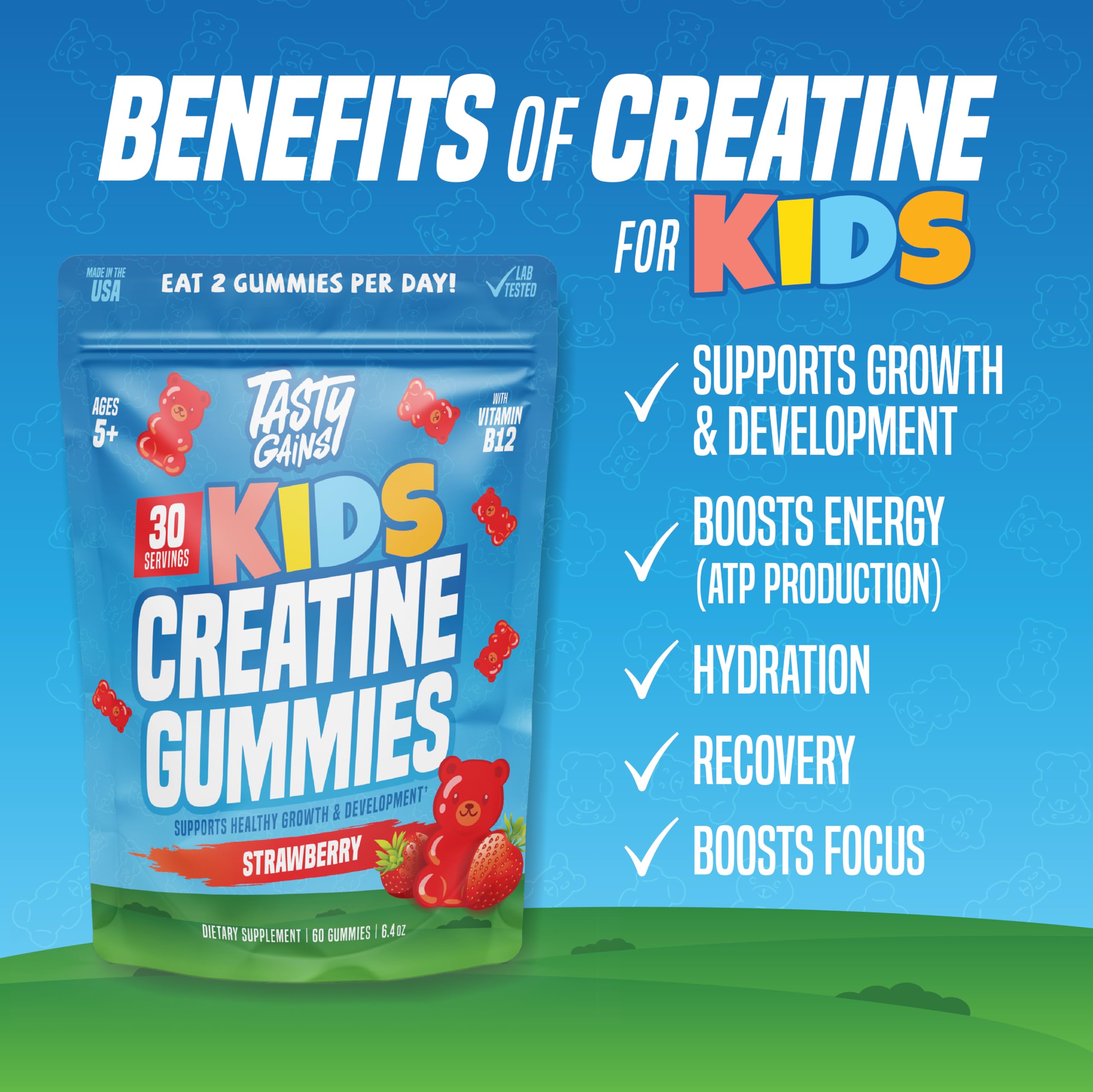 TASTY GAINS Kids & Teen Creatine Gummies with Vitamin B12 for Growth Support, Easy Chew Daily Supplement, Gummy Vitamins for Kids and Teens, Ages 5+ TASTY GAINSAu supplements