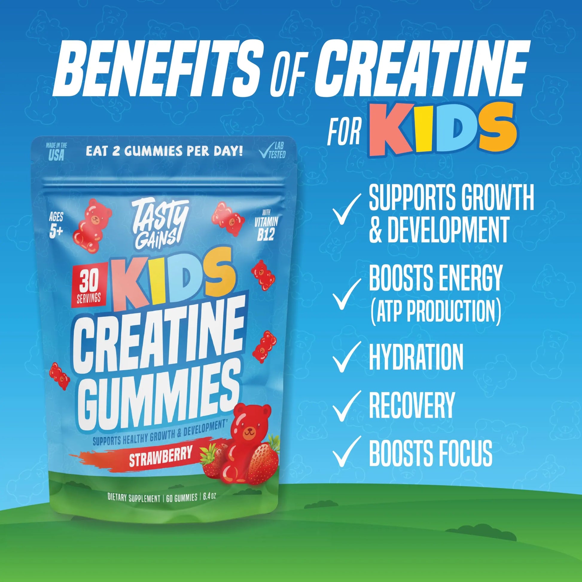 TASTY GAINS Kids & Teen Creatine Gummies with Vitamin B12 for Growth Support, Easy Chew Daily Supplement, Gummy Vitamins for Kids and Teens, Ages 5+ TASTY GAINSnz supplements