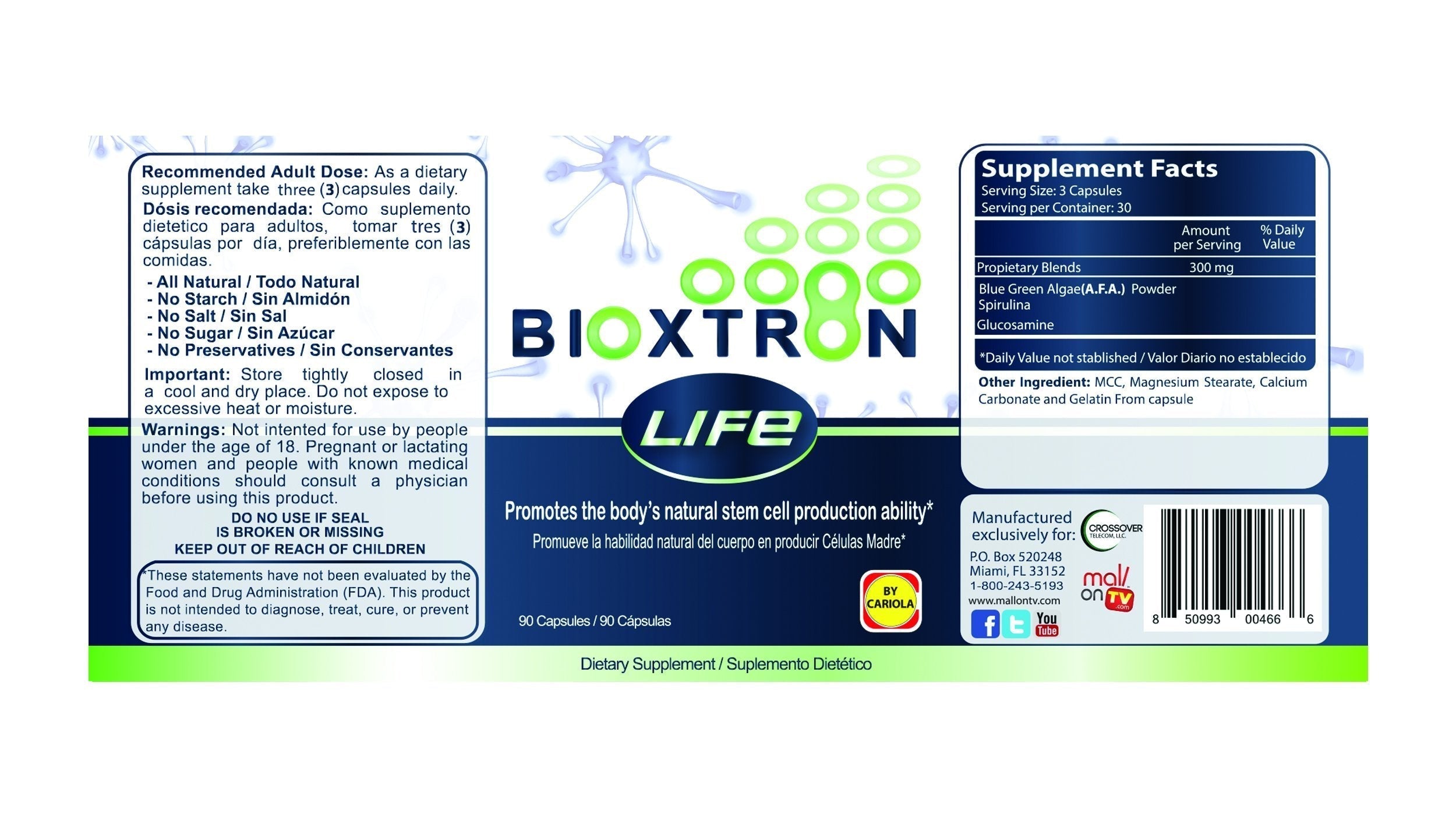 Bioxtron Life AFA Stem Cell Supplement - Joint Support & Muscle Pain - Immune System Support - Support Energy Levels - Stem Cell Production - Blue Green Algae Spirulina - 90 Caps + Cream 2 oz BioxtronAu supplements