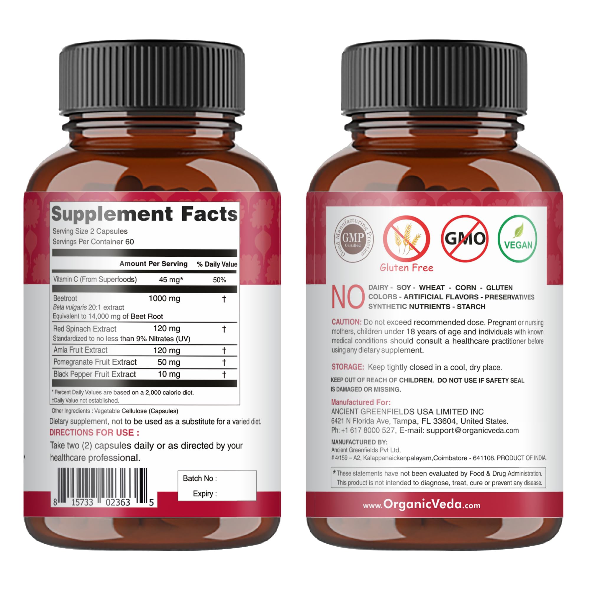 Organic Veda Beet Root Capsules - Triple Reds Nitric Oxide Beets Supplements - Concentrated Organic VedaAu supplements