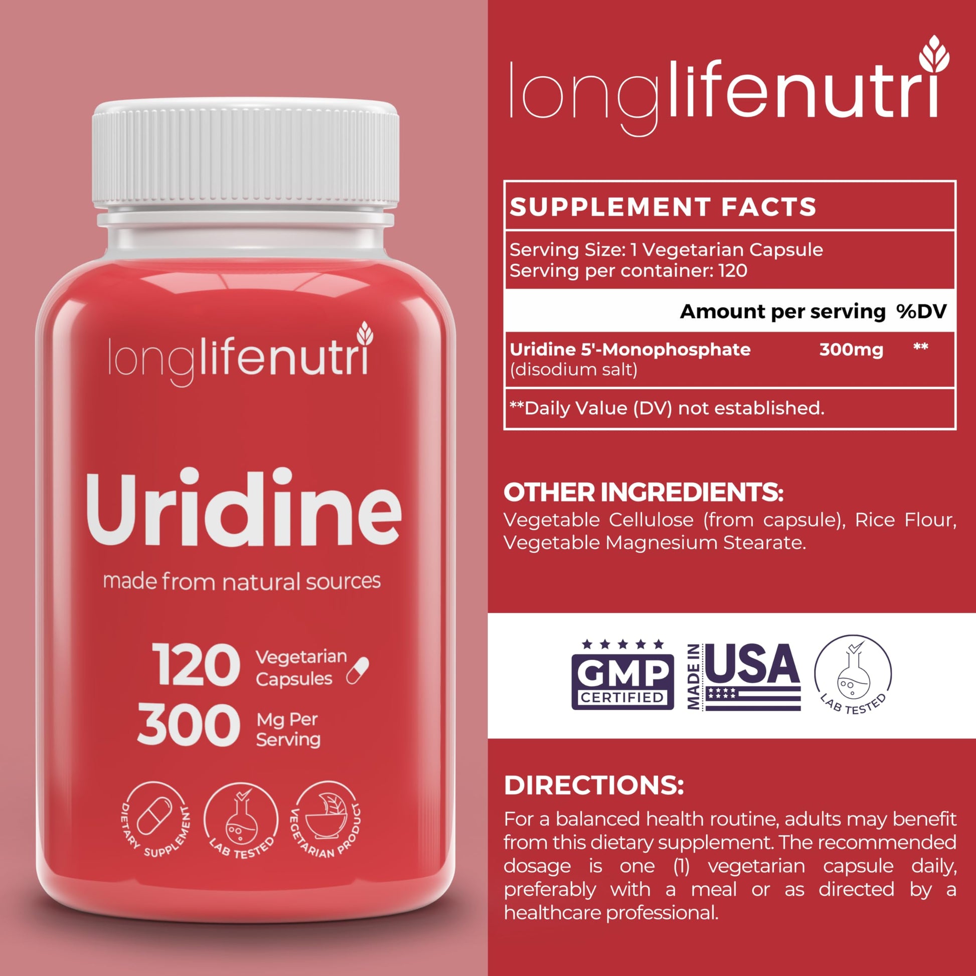 LongLifeNutri Uridine Monophosphate 300mg – Choline Precursor & Synaptic Function, Nootropic for Focus & Mental Performance, 120 Vegetarian Capsules, 4-Month Supply, GMP Certified, Made in USA LongLifeNutriAu supplements