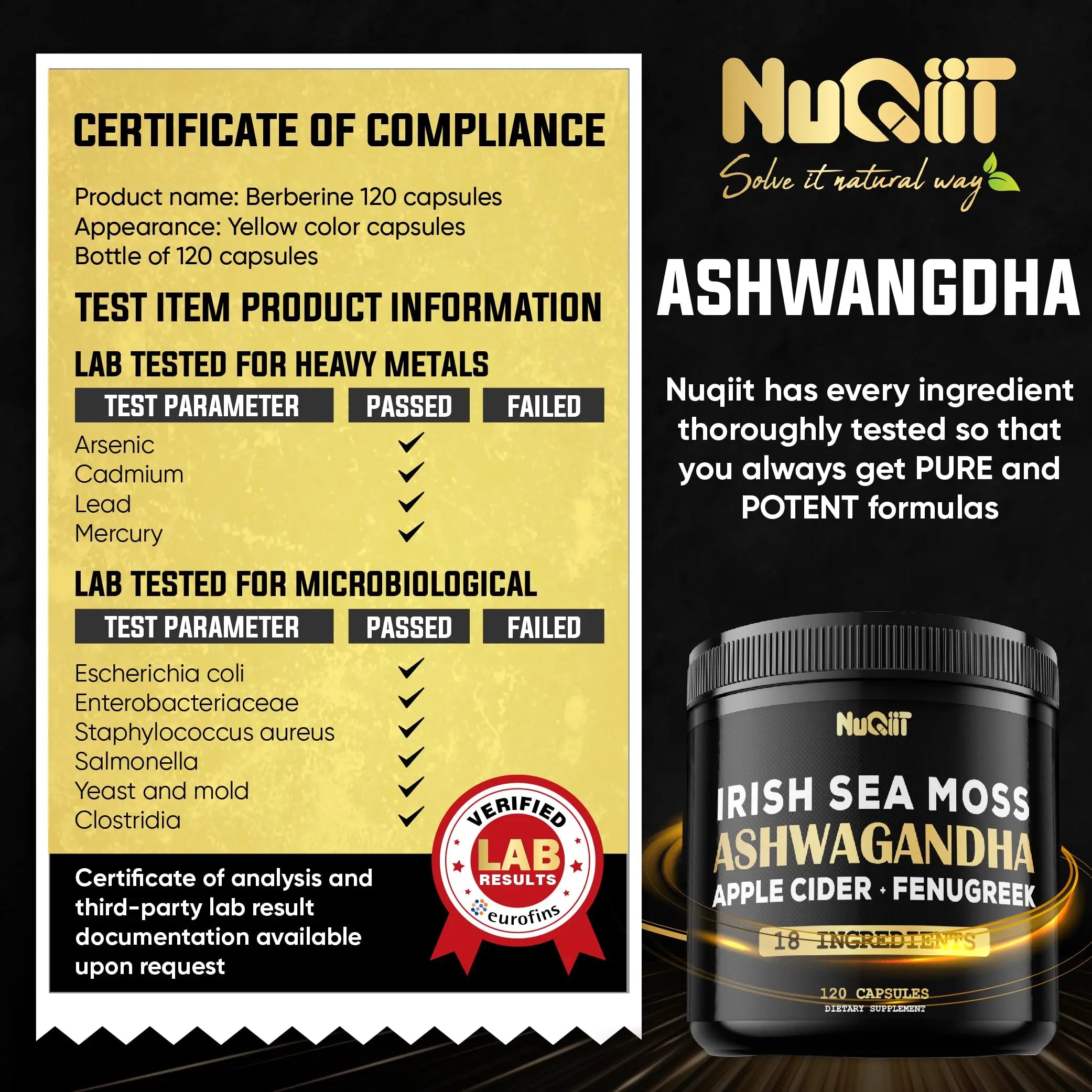 NUQIIT Organic Ashwangdha Capsules 15000mg Irish Sea Moss Apple Cider Vinegar & More - Support Brain Health, Strength & Immune System - 120 Vegan Capsules NUQIITAu supplements