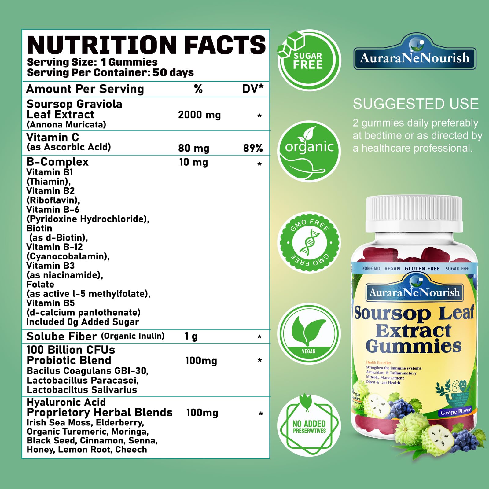 AuraraNeNourish Sugar Free Soursop Gummies with Probiotics & Fiber 100 Billion CFUs, Organic Soursop Leave Extract with Vitamin C B-Complex for Digestive Gut Health, Energy Balance, Immune Boost AuraraNeNourishAu supplements