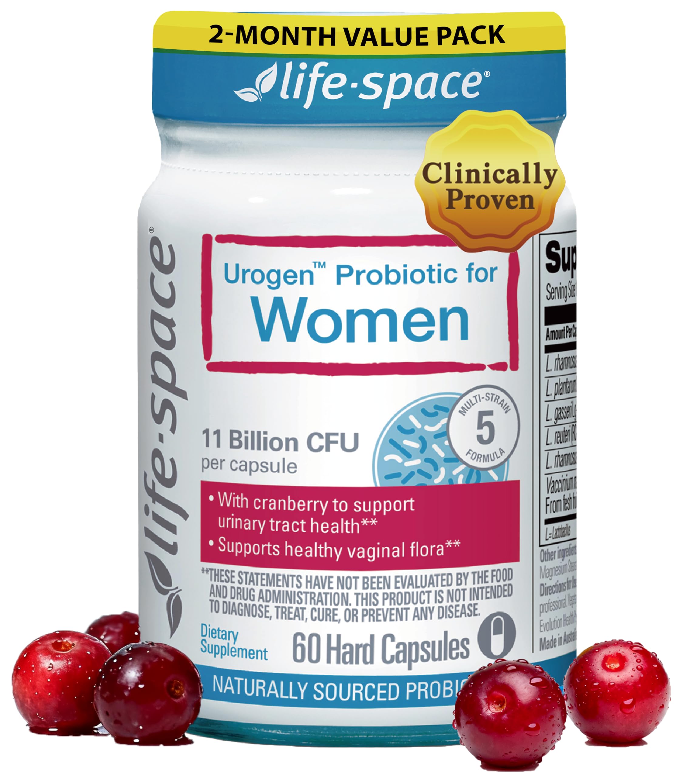 Life-Space Urogen Probiotics for Women, Probiotics+Cranberry, 2 Month Serving, Women's Probiotic for PH Balance, Urinary Tract, Digestive & Immune Health, Lactobacillus reuteri, Non-GMO, 60 Ct Life-SpaceAu supplements