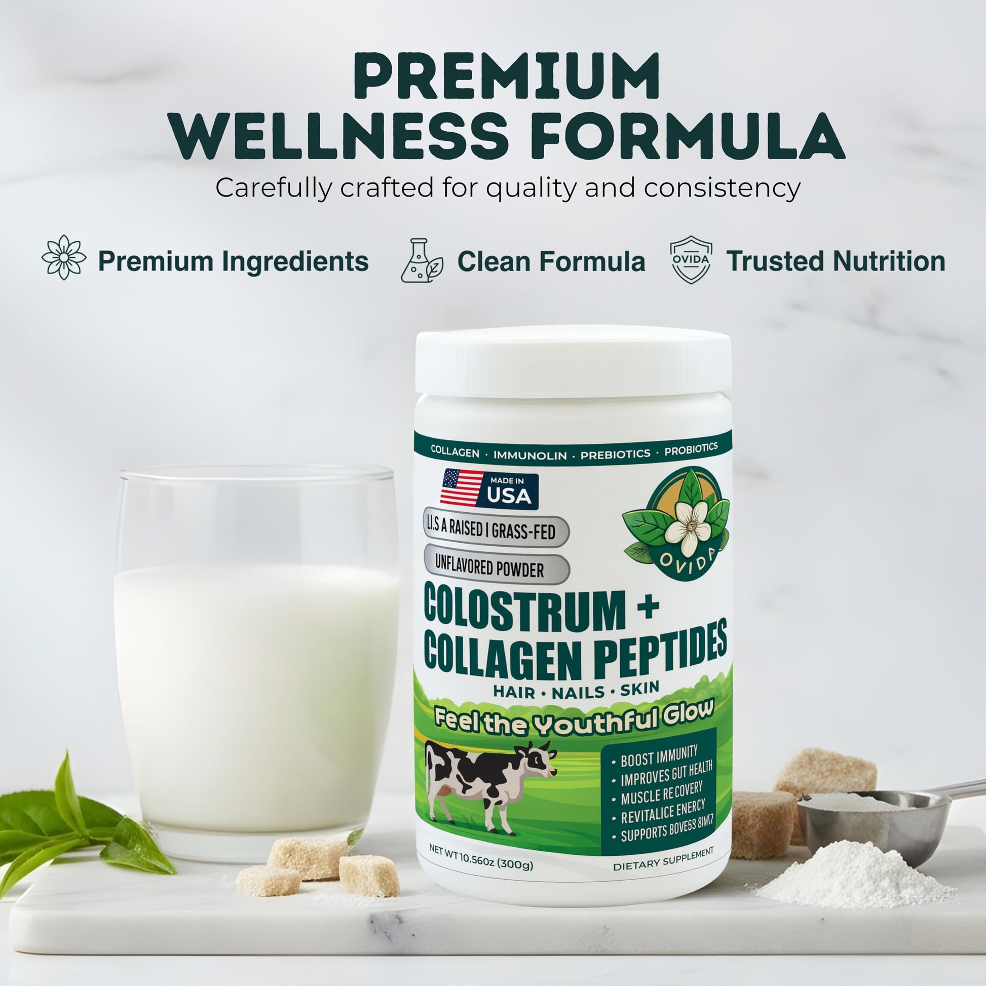 Bovine Colostrum and Hydrolyzed Collagen Peptides Powder Supplement for Women & Men - Supports Gut Health, Joint & Bone Health, Hair Skin Nails - Grass-Fed, Non-GMO, Gluten Free, 300g (30 Servings) OVIDAAu supplements