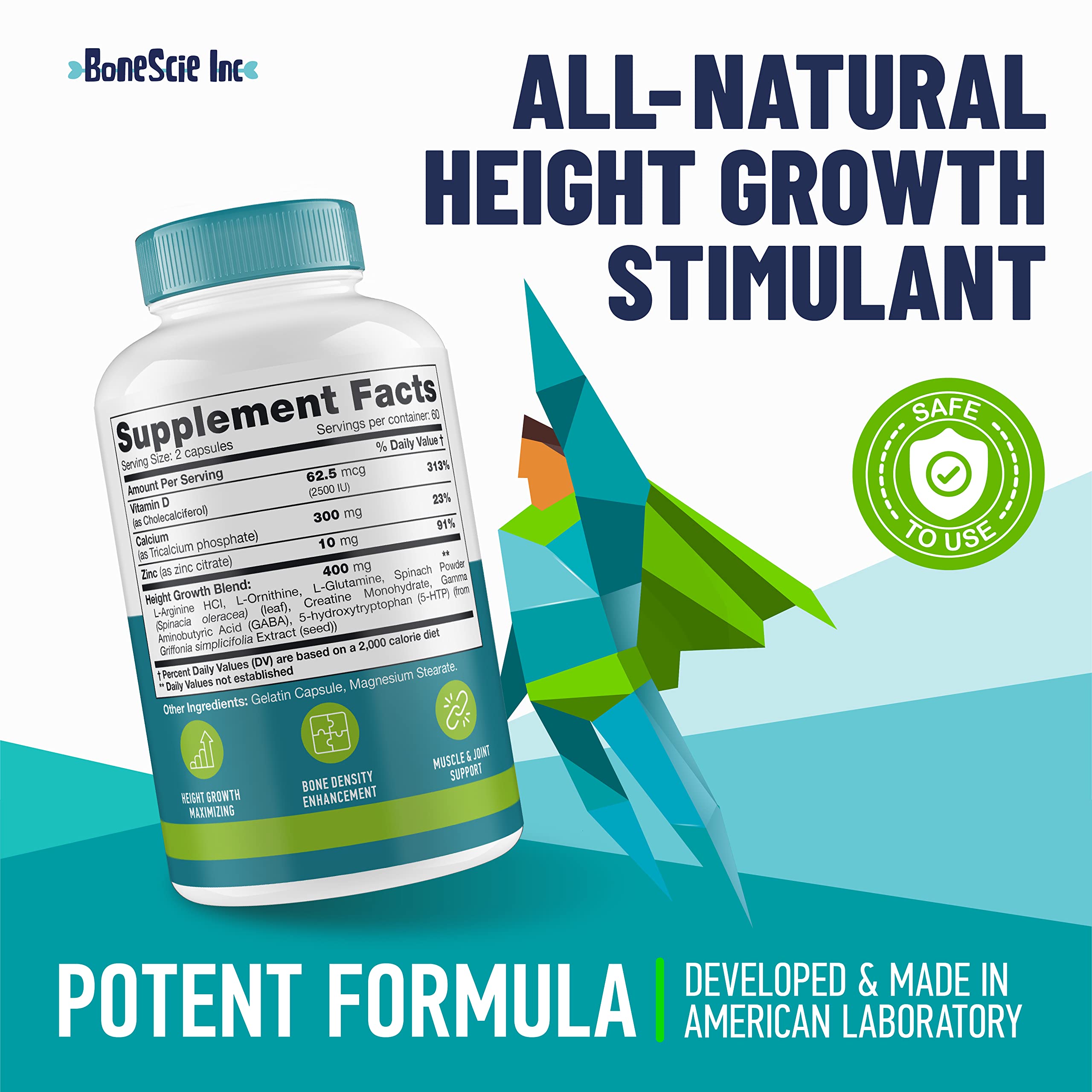 Height Growth Maximizer - Made in USA - Natural Height Increase Booster & Bone Growth Pills - Grow Taller Supplement for Adults, Teens & Kids - Vitamins for Boys & Girls to Get Taller - 120 capsules BONESCIE INCAu supplements