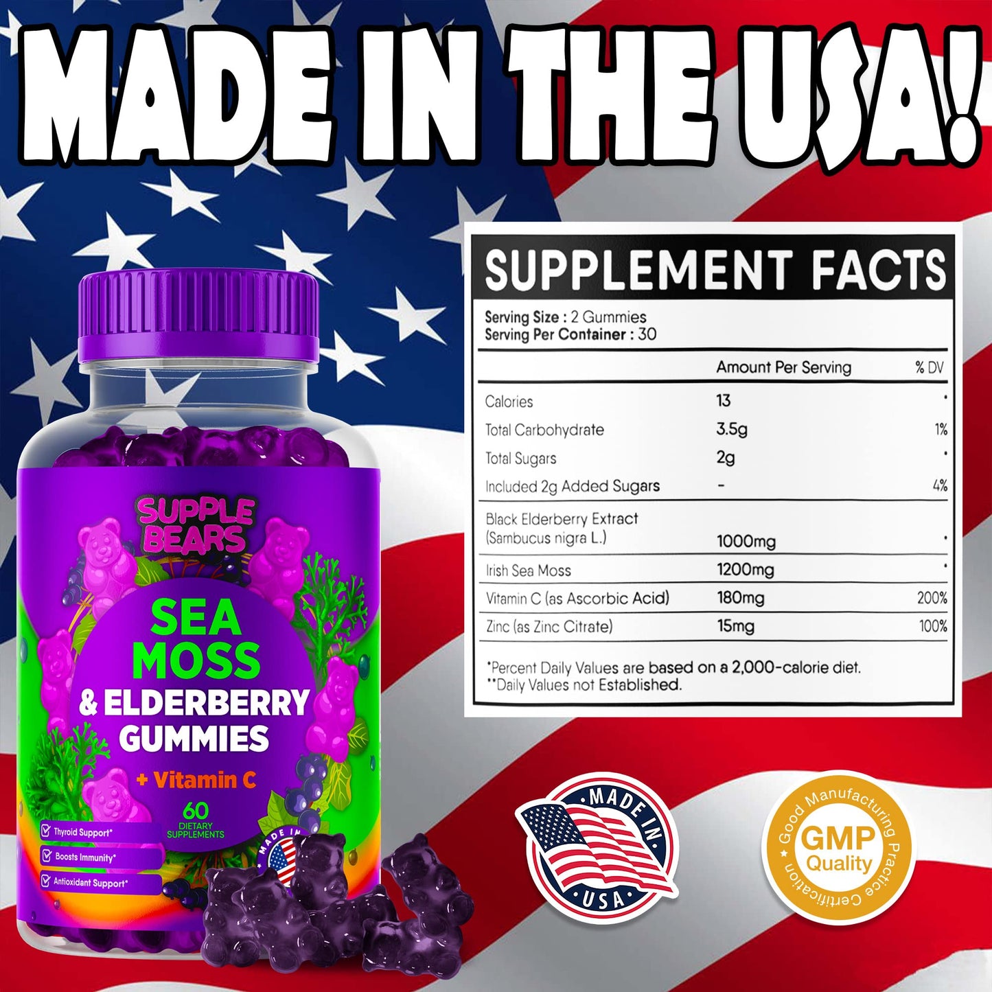 Supplebears Sea Moss Gummies & Elderberry - Vitamin C + Zinc – Extra Strength Immune SupplebearsUS supplements