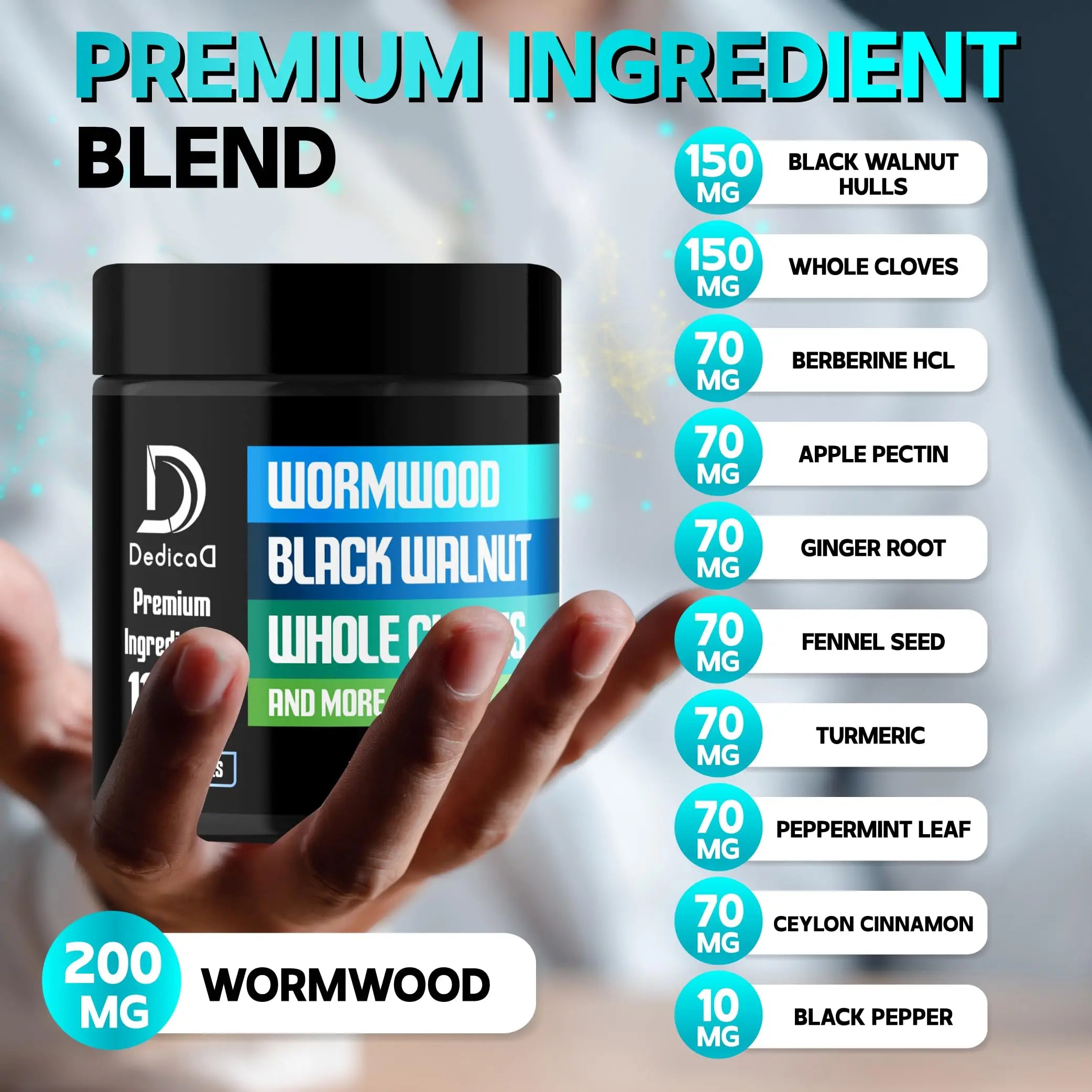 DEDICAD 11in1 Wormwood Capsules - 180 Capsules Extracted from Black Walnut, Cloves, Ginger, Turmeric, Apple, Berberine HCl & More - Support Immune System for 3 Months DEDICADnz supplements