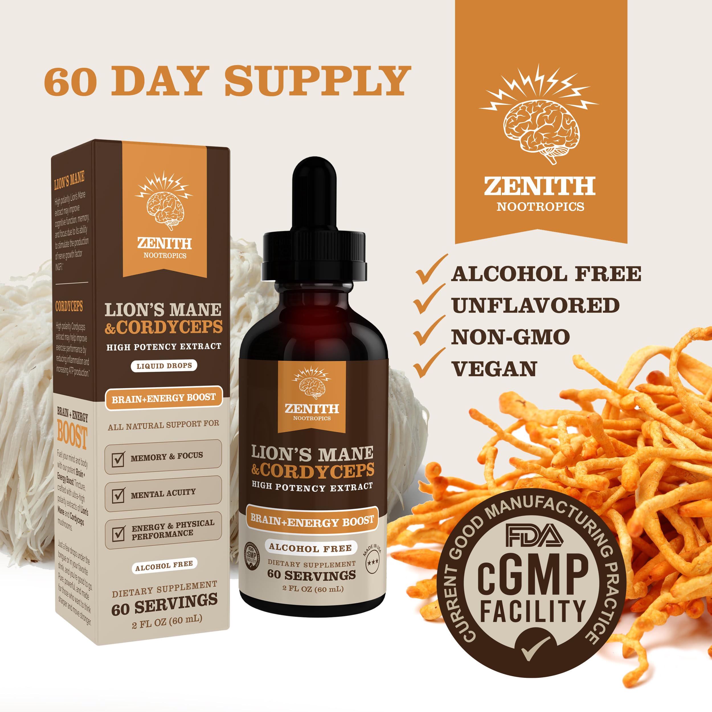 Zenith Nootropics Lion’s Mane & Cordyceps Supplement – Brain & Energy Support – Focus, Memory, Clarity, Immunity – Vegan, Alcohol-Free Tincture – Up-to 2-Month Supply, 2 fl oz Zenith NootropicsAu supplements