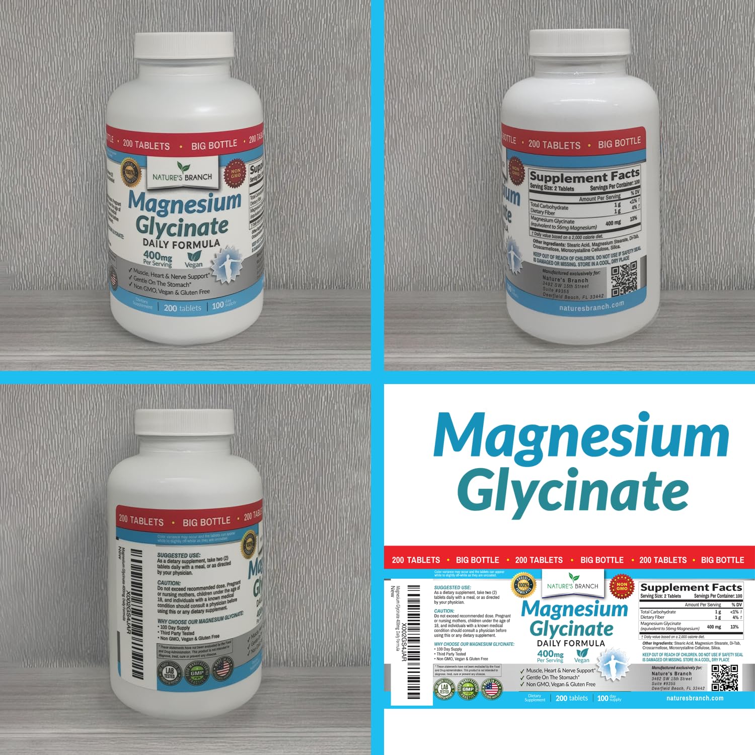 Magnesium Glycinate 400mg | 200 Tablets | High Absorption Mag Supplements for Sleep, Leg Cramps, Heart, Muscle, Calm | Non Buffered Bisglycinate, Extra Strength for Women and Men, Tablets Not Capsules NATURE'S BRANCHAu supplements