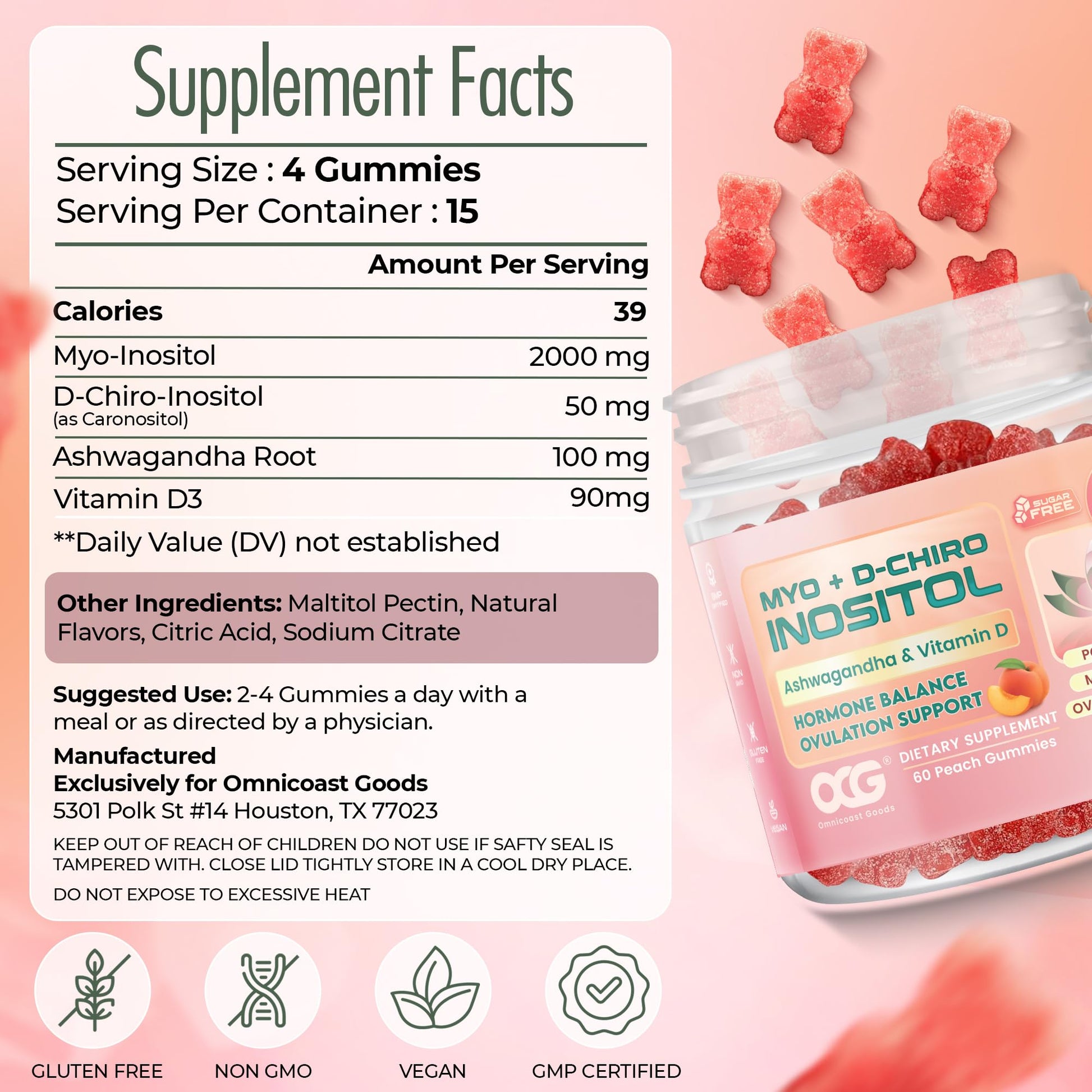 OMNICOAST GOODS, OCG Myo-Inositol & D-Chiro Inositol Gummies with Ashwagandha | PCOS Support | Ovulation & Mood Support, 40:1 Ratio Inositol for Hormone Balance, Sugar-Free, Non-GMO (60 Gummies) OMNICOAST GOODS, OCGAu supplements