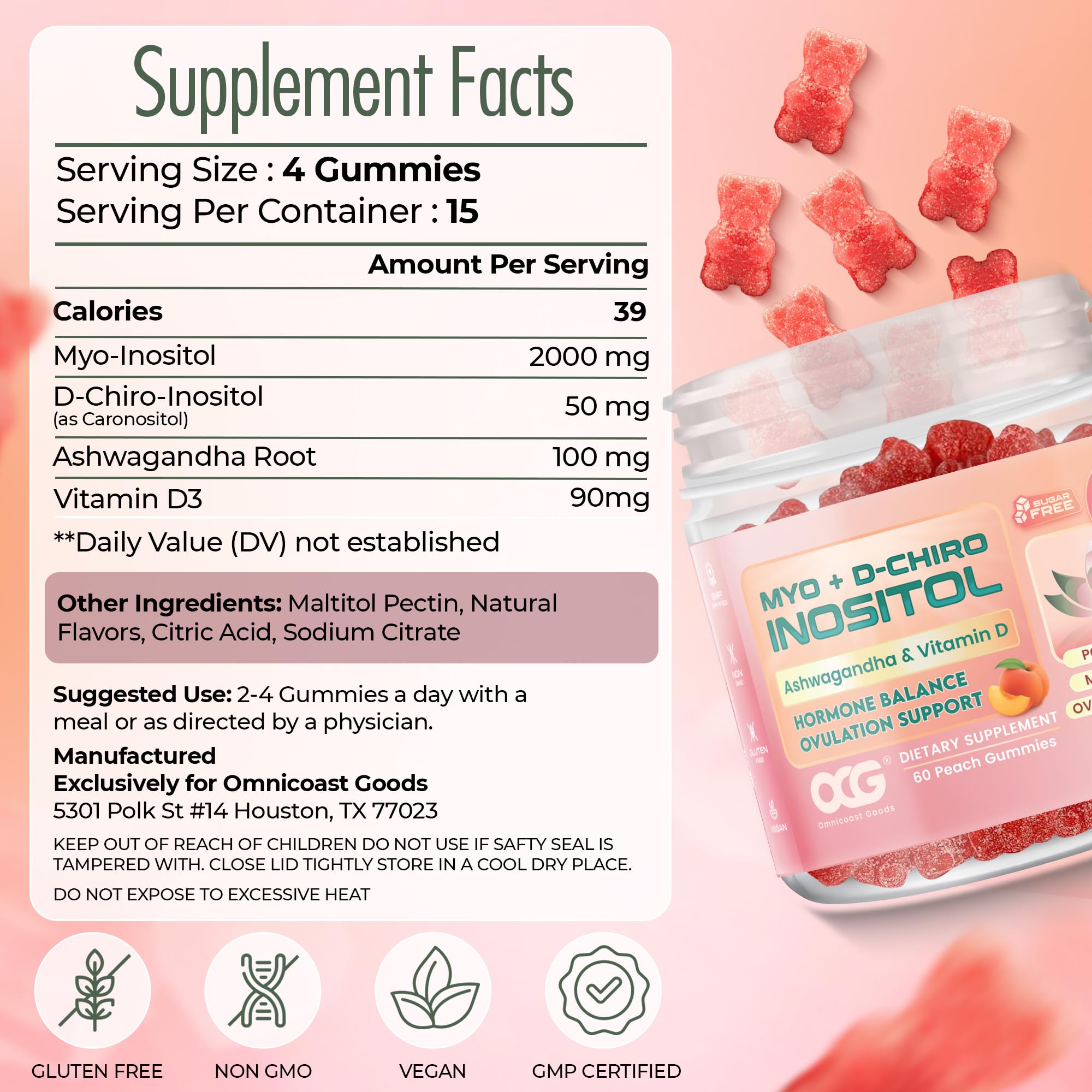 OMNICOAST GOODS, OCG Myo-Inositol & D-Chiro Inositol Gummies with Ashwagandha | PCOS Support | Ovulation & Mood Support, 40:1 Ratio Inositol for Hormone Balance, Sugar-Free, Non-GMO (60 Gummies) OMNICOAST GOODS, OCGAu supplements