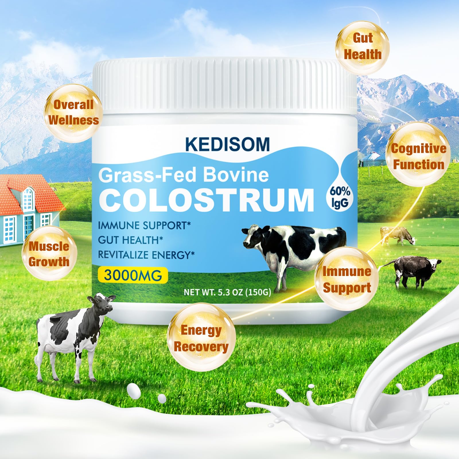 KEDISOM Grass-Fed Bovine Colostrum Supplement Powder - 60% High IgG 3000 mg for Gut Health, Immune Support - Easy to Mix Natural Liposomal Colostrum Superfood, Unflavored, 50 Servings KEDISOMAu supplements