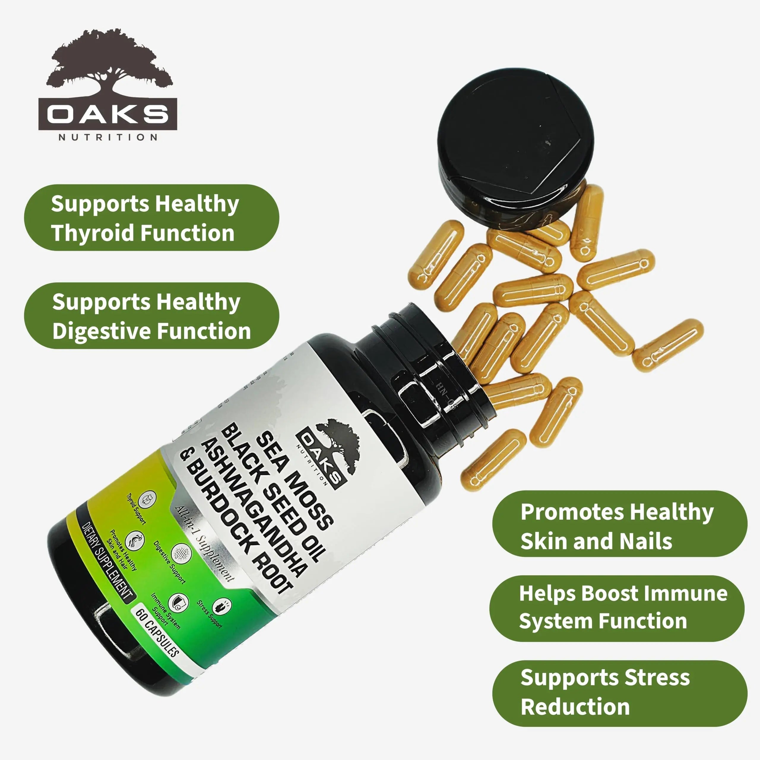 Oaks Nutrition Premium 15-in-1 Sea Moss Multivitamin with Black Seed Oil, Ashwagandha, Turmeric, Bladderwrack, Burdock, Elderberry Oaks NutritionAu supplements