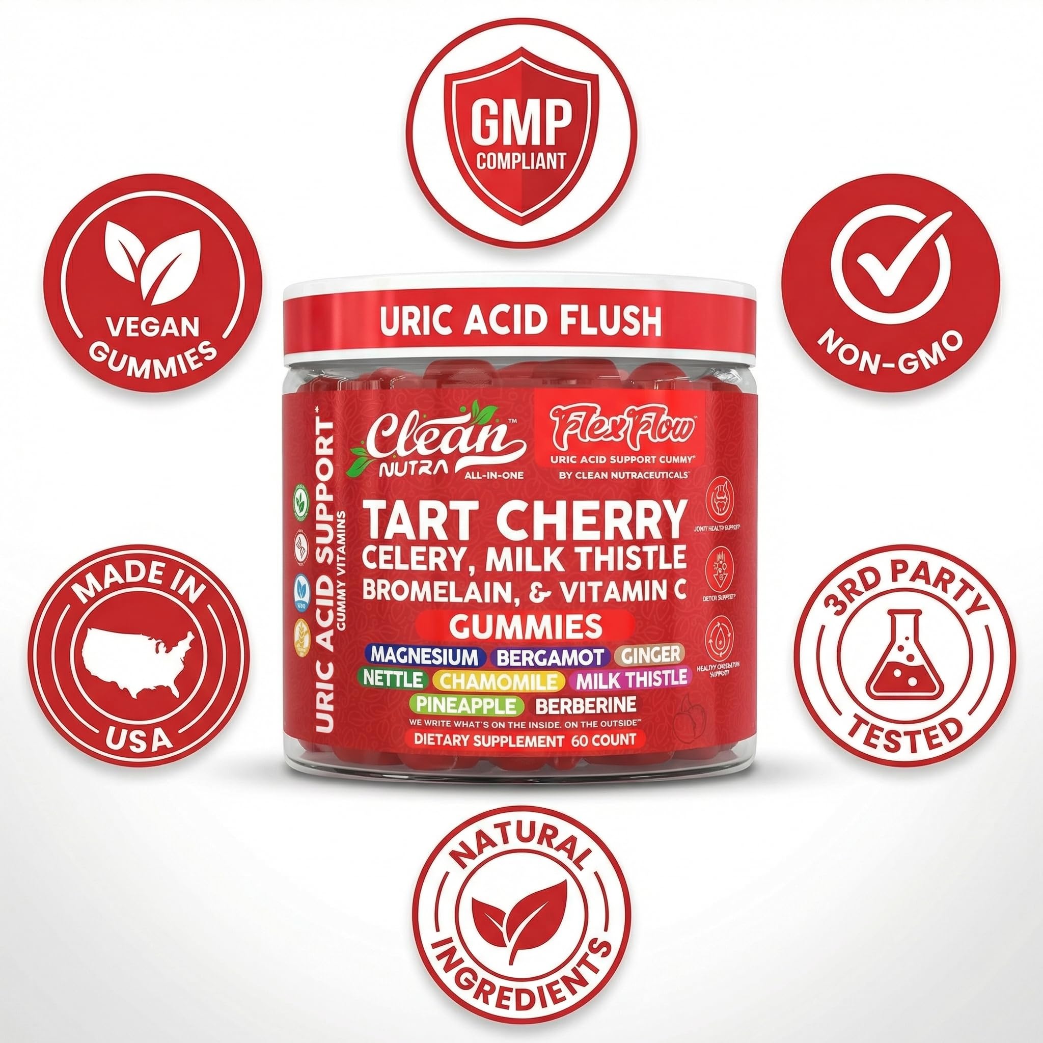 Clean Nutra Tart Cherry Gummies Uric Acid Flush Celery Milk Thistle Bromelain Vitamin C Magnesium Citrus Bergamot Ginger Stinging Nettle Leaf Chamomile Berberine Quercetin Support 60 Gummy Vitamins Clean NutraceuticalsAu supplements