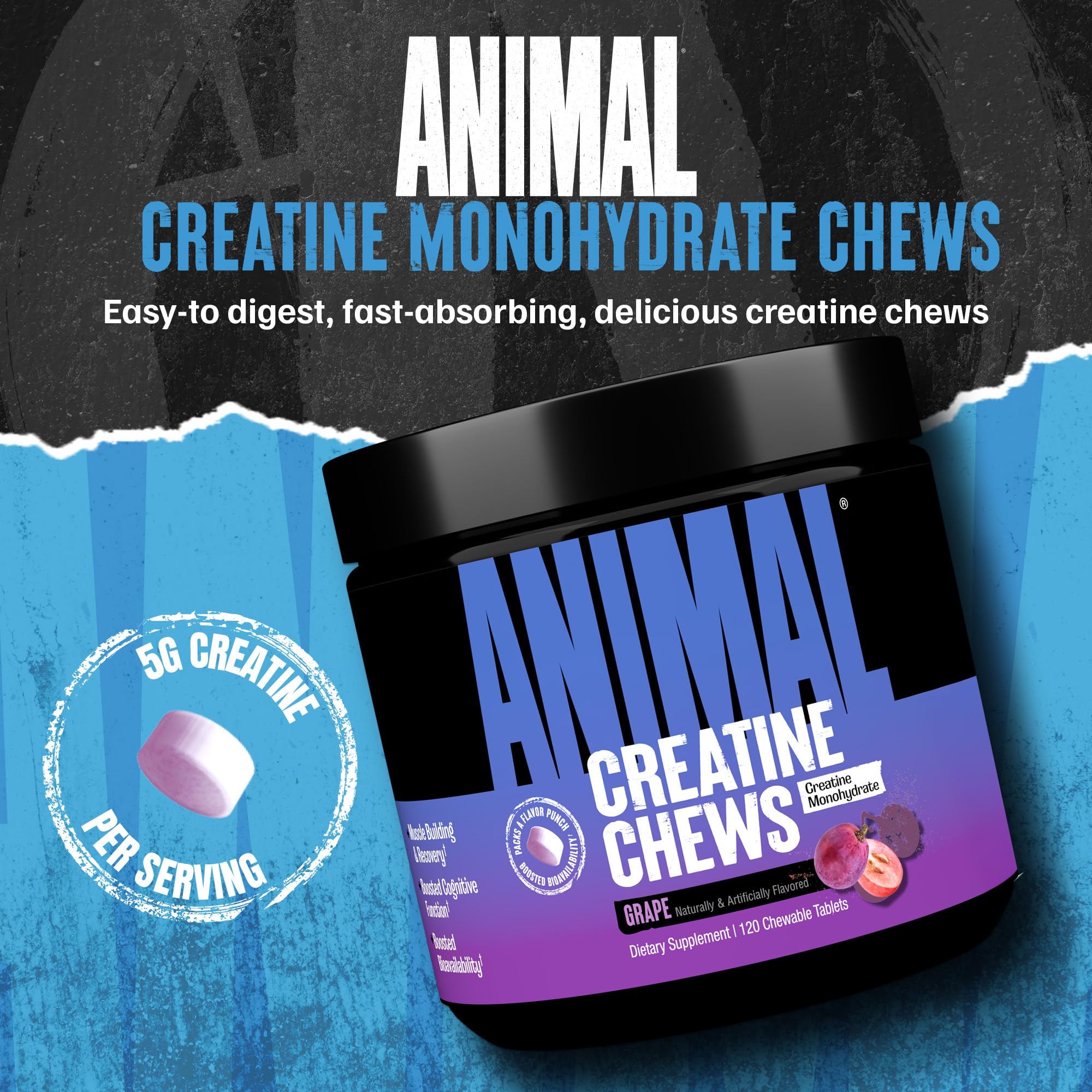 Animal Creatine Chews – 5g Creatine Monohydrate Tablets for Strength, Power & Training Recovery Support – Enhanced Absorption with AstraGin® – Convenient Chewable Format – 120 Tablets AnimalAu supplements