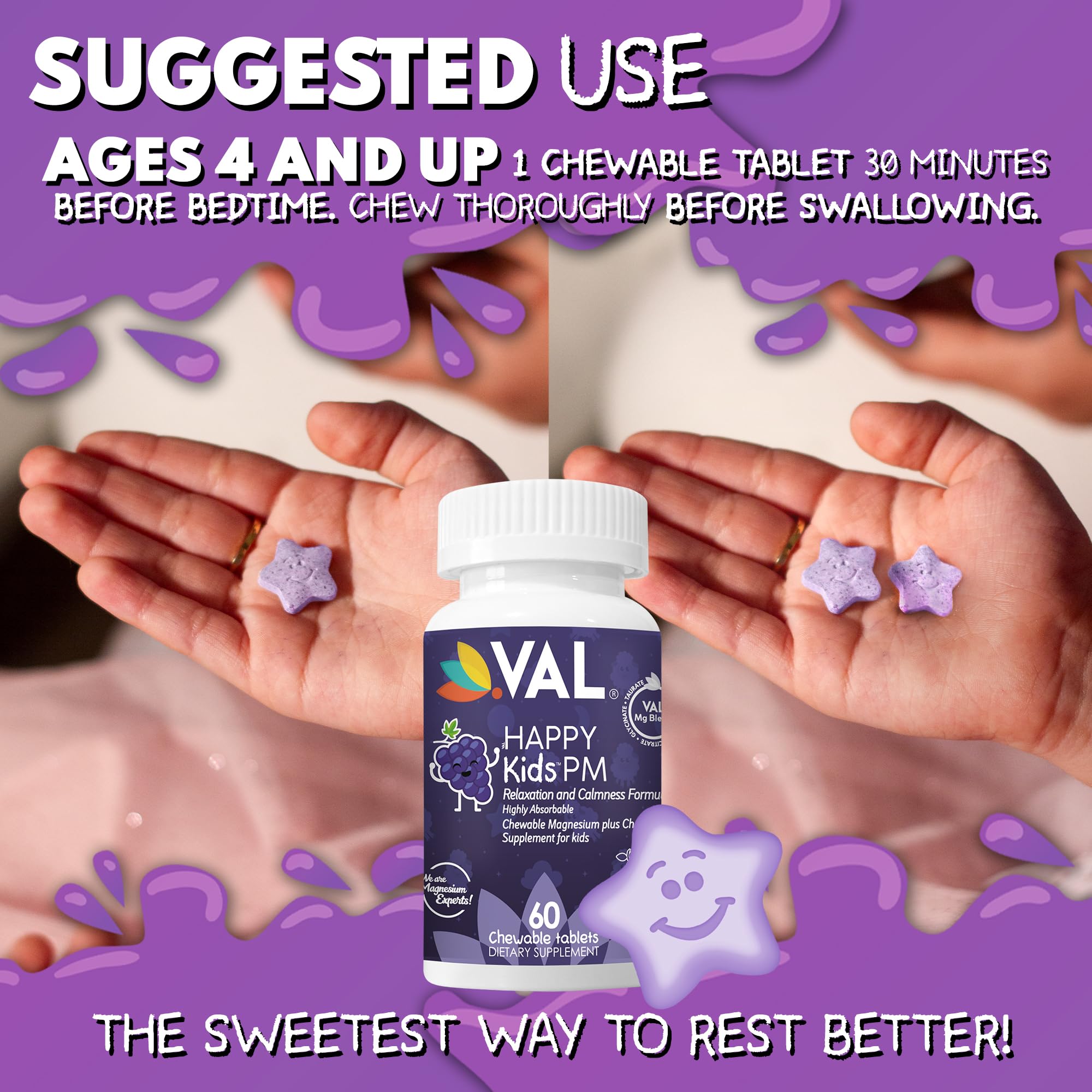 VAL Kids PM Magnesium Gummies | Sugar-Free Chewable Tablets with Chamomile, Magnesium Glycinate + Citrate + Taurate | Vitamin B6 & C | Natural Grape Flavor | Sleep & Calm Support | 60 Ct | Ages 4+ VALAu supplements