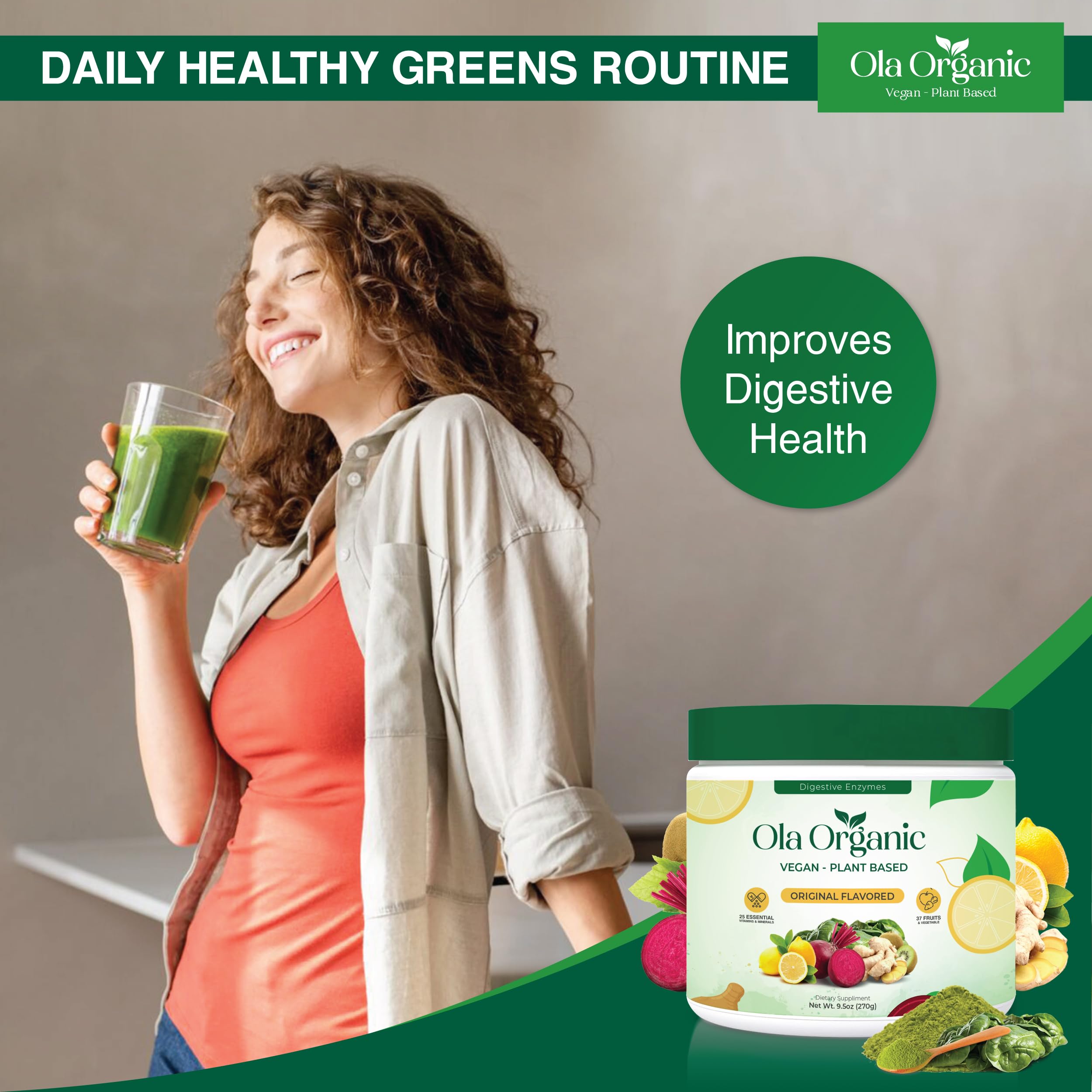 Ola Organic Greens Superfood Powder – Blend of 11 Cruciferous Vegetables with Phytonutrients – Supports Energy, & Immune Health Support – Non-GMO Vegetable Supplement (270g Jar) Ola OrganicAu supplements