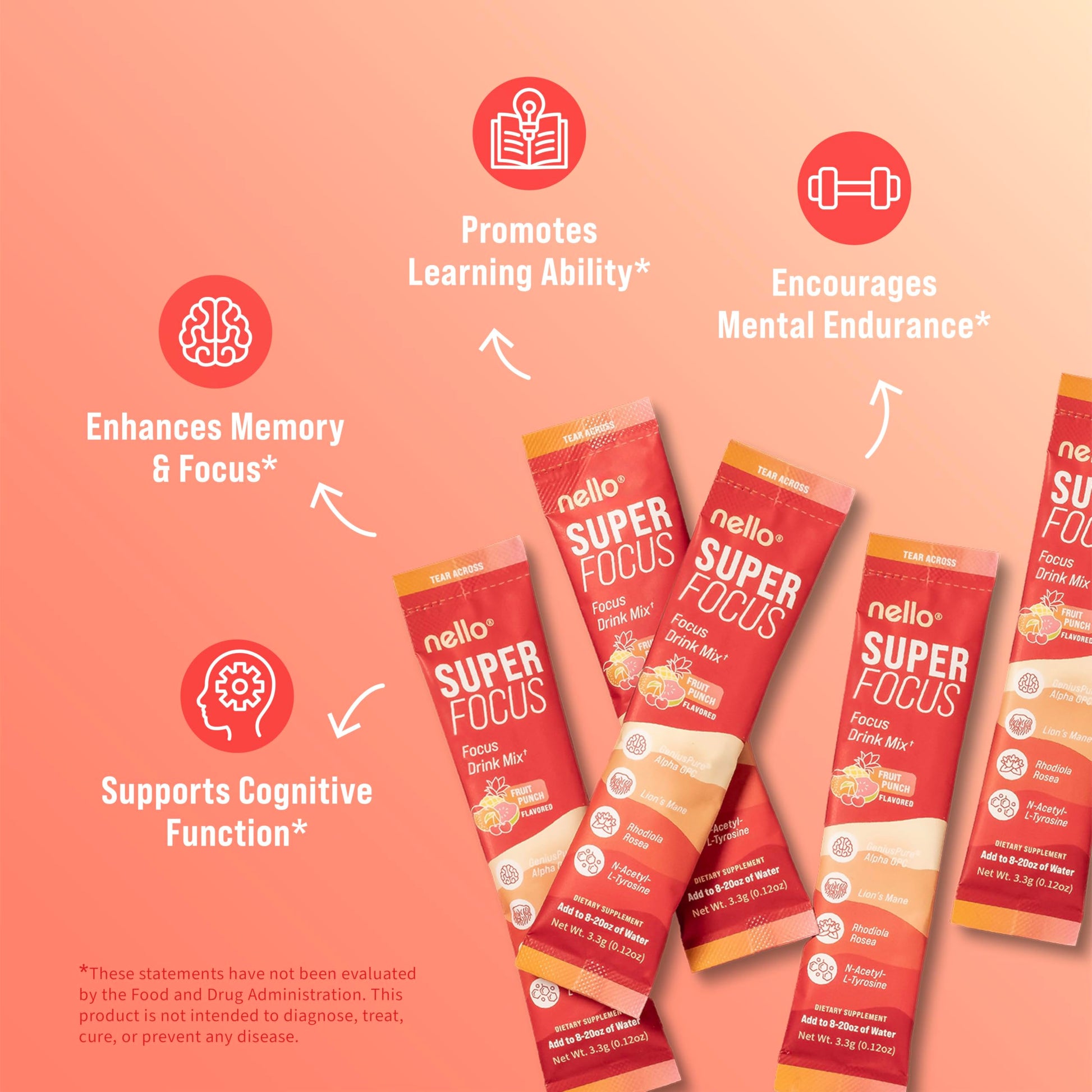 Nello Superfocus Focus Drink Mix – Fruit Punch Flavor – Alpha GPC, Lion’s Mane, Rhodiola & N-Acetyl L-Tyrosine – Sugar-Free, On-the-Go Packets – 20 Servings NelloAu supplements