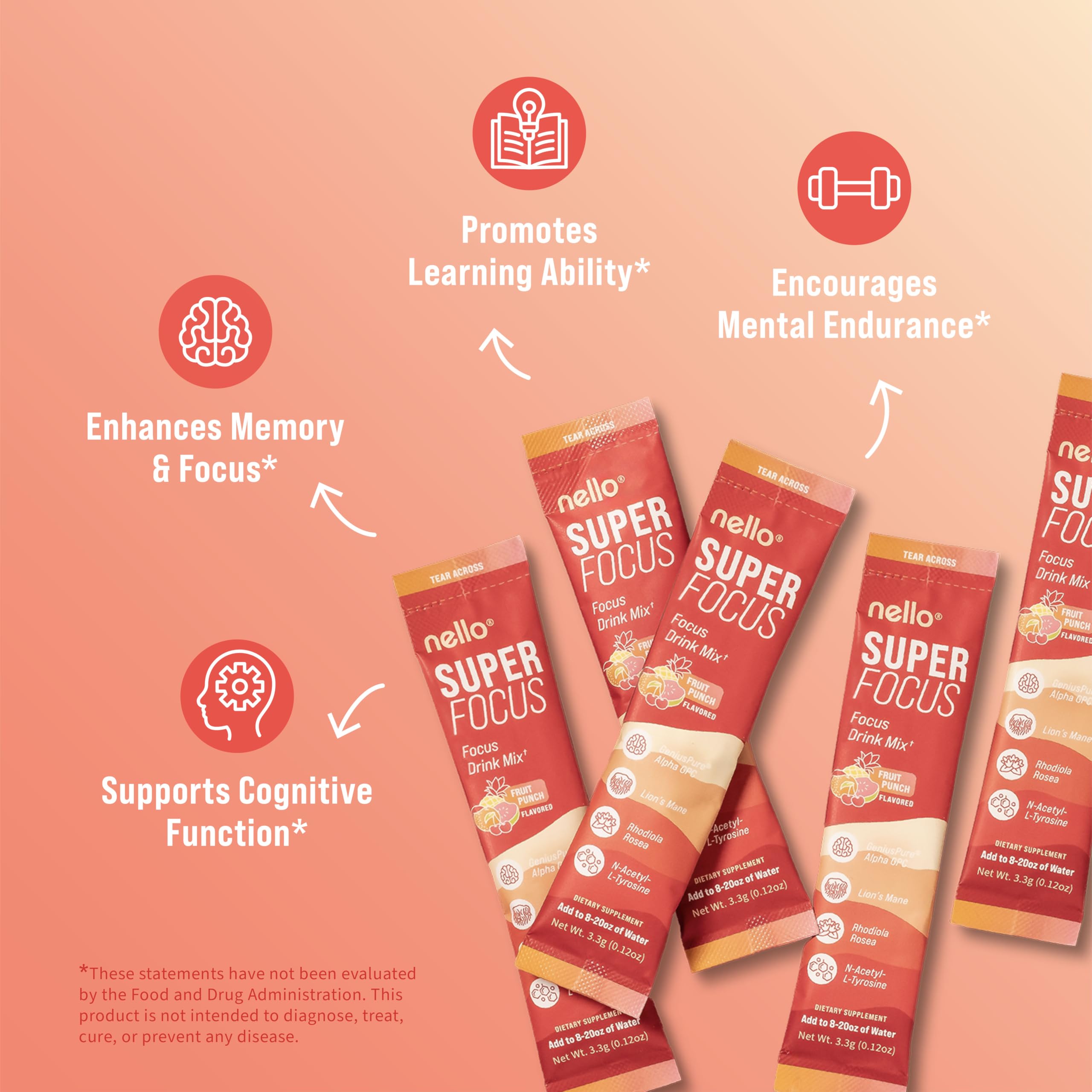 Nello Superfocus Focus Drink Mix – Fruit Punch Flavor – Alpha GPC, Lion’s Mane, Rhodiola & N-Acetyl L-Tyrosine – Sugar-Free, On-the-Go Packets – 20 Servings NelloAu supplements