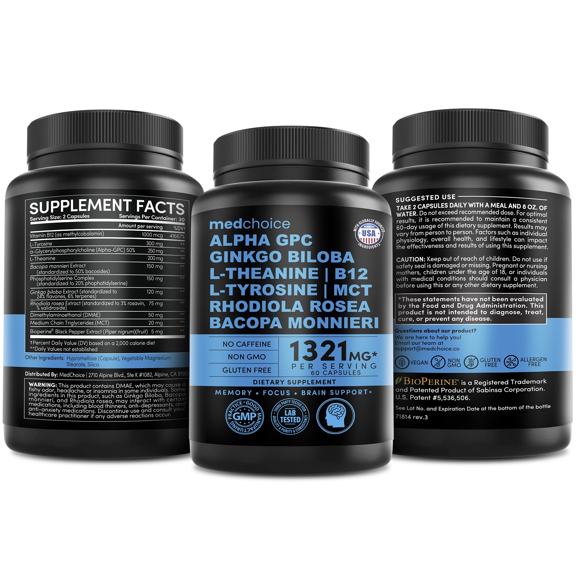 12-in-1 Nootropic Brain Supplement Anhydrous: Ginkgo Biloba for Brain Support, Memory and Focus - B12, Alpha GPC, L Theanine and Choline Supplements with Bioperine non Caffeinated 1321mg (120ct) MEDCHOICEAu supplements