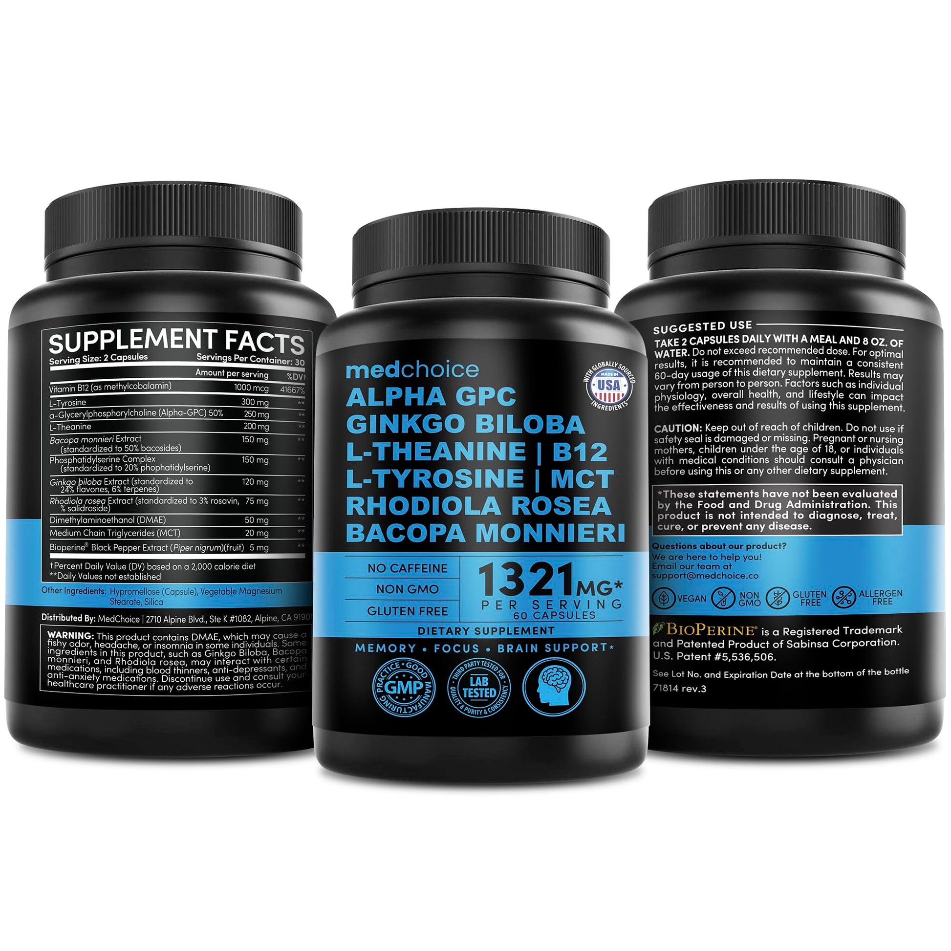 12-in-1 Nootropic Brain Supplement Anhydrous: Ginkgo Biloba for Brain Support, Memory and Focus - B12, Alpha GPC, L Theanine and Choline Supplements with Bioperine Non Caffeinated 1321mg (60ct) MEDCHOICEAu supplements