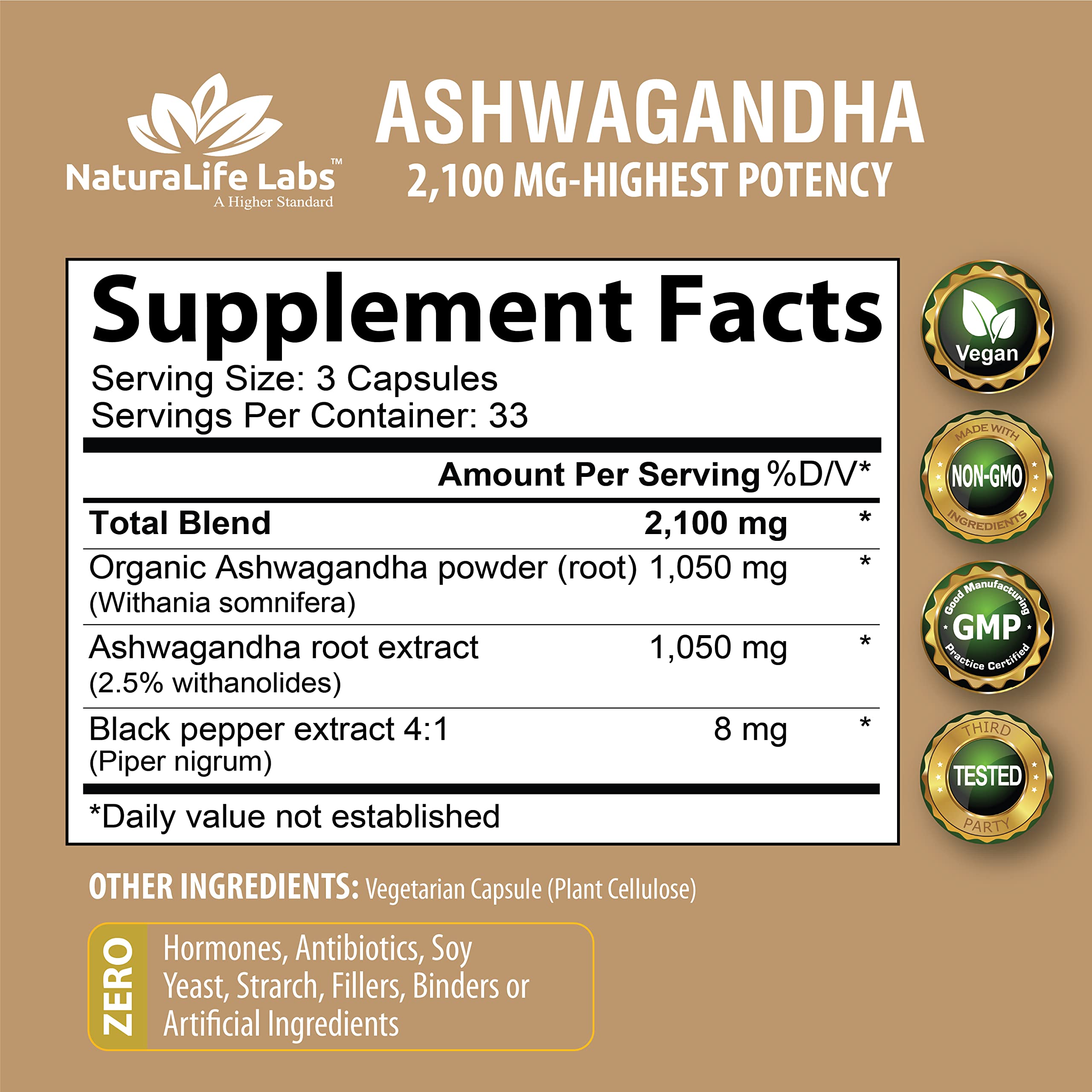 Organic Ashwagandha 2,100 mg - 100 Vegan Capsules Pure Organic Ashwagandha Powder NaturaLife Labs A Higher StandardUS supplements