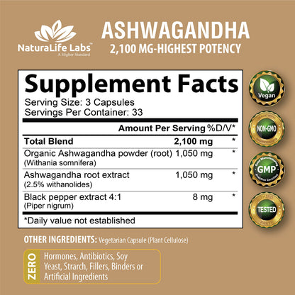 Organic Ashwagandha 2,100 mg - 100 Vegan Capsules Pure Organic Ashwagandha Powder NaturaLife Labs A Higher StandardUS supplements