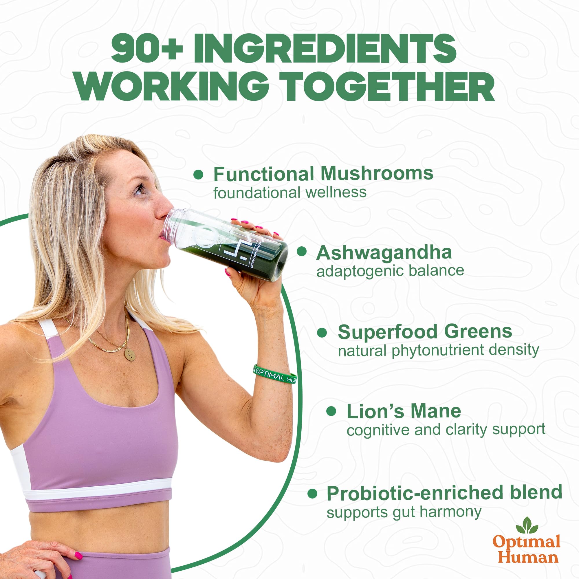 Optimal Human Superfood Greens Powder – 90+ Ingredient Blend with Lion’s Mane Supplement, Ashwagandha & Turmeric – Non-GMO, Soy-Free, Mushroom Supplements for Women – 20 Sachets O HAu supplements