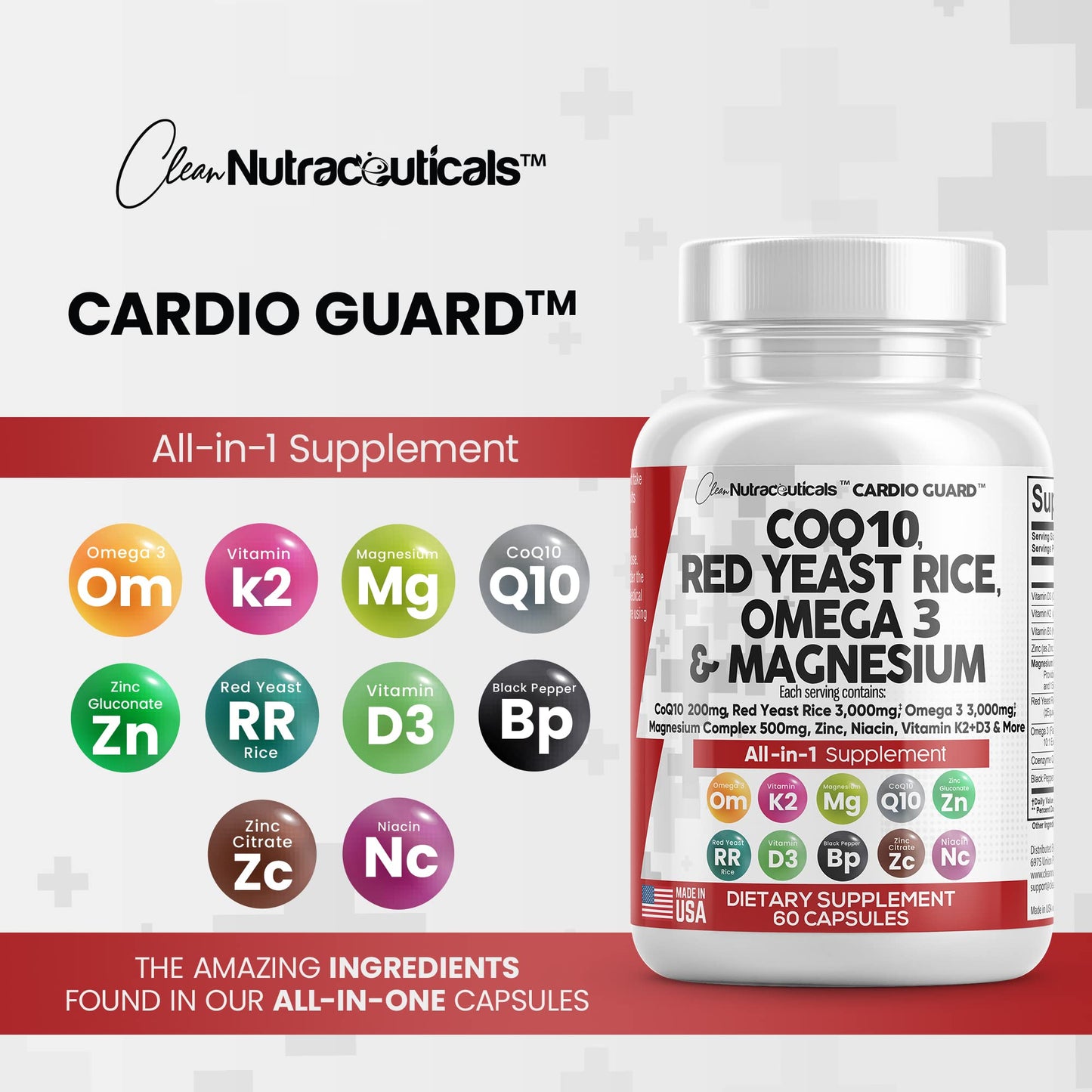 COQ10 200mg Red Yeast Rice 3000mg Omega 3 3000mg Magnesium Clean NutraceuticalsUS supplements