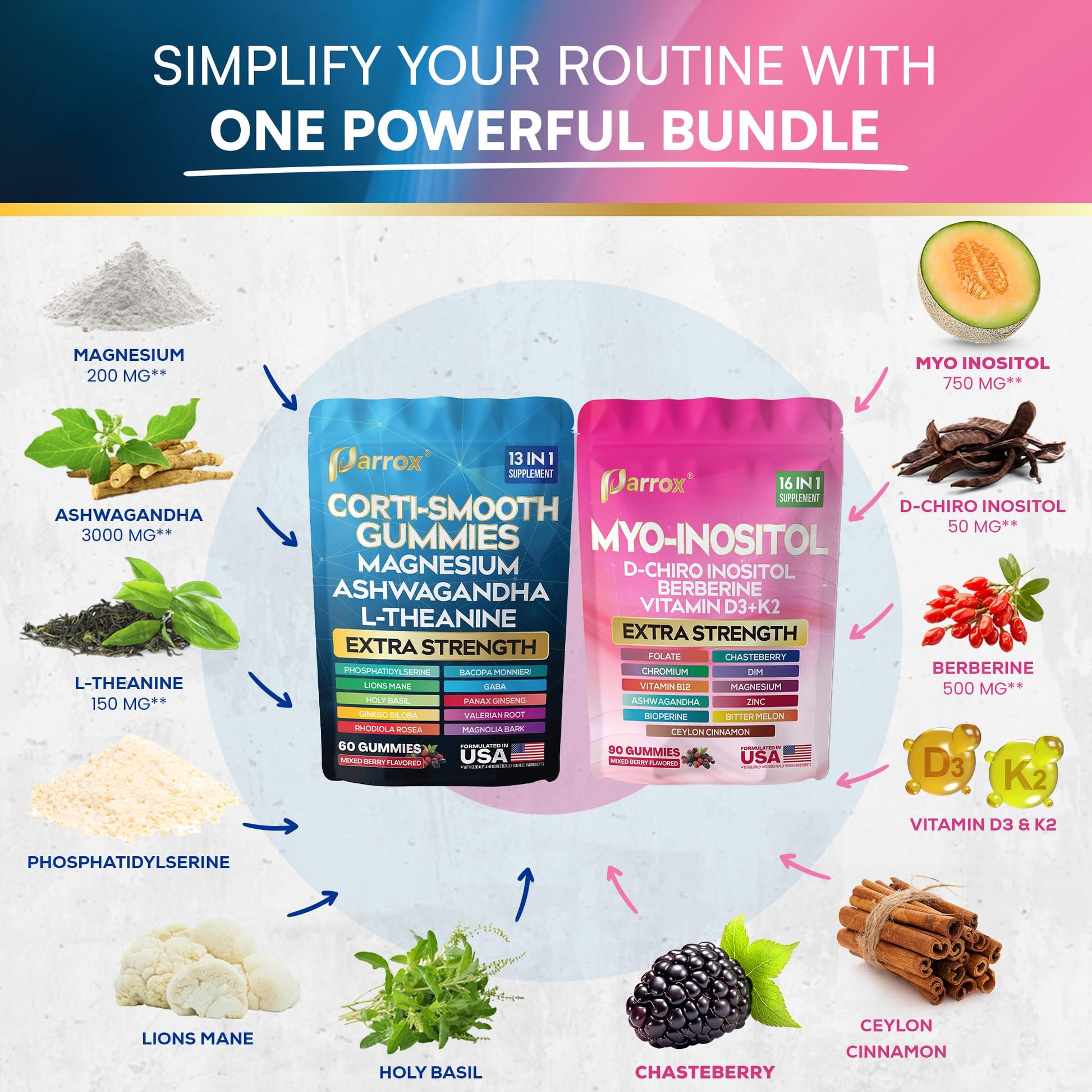 Soothe & Smooth Bundle Gummies - Cortisol & Myo-Inositol Supplement with D-Chiro Inositol, Berberine, Magenesium, Ashwagandha, L-Theanine, Vitamins D3+K2 & B12, Folate, Zinc Lion's Mane (150 Gummies) ParroxAu supplements