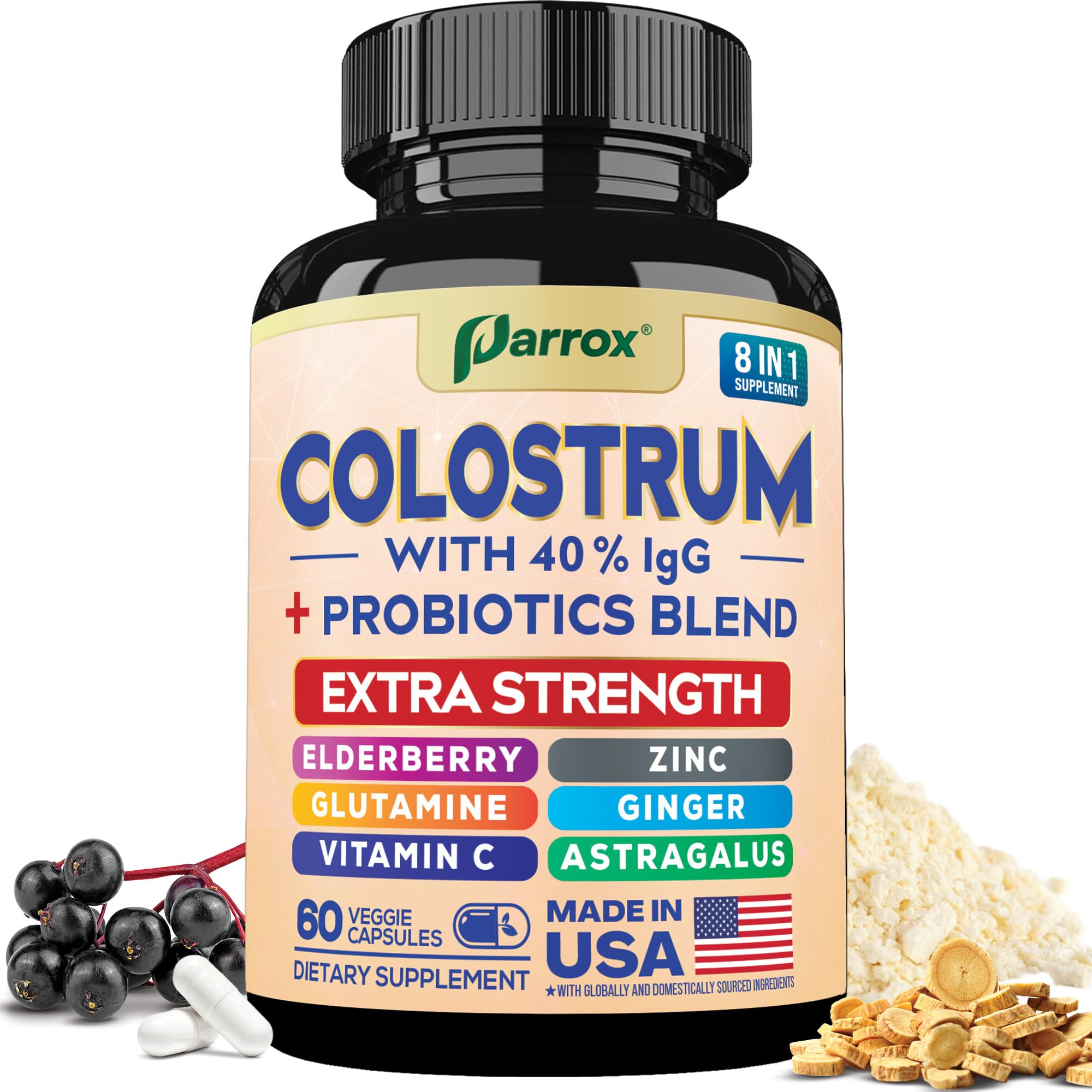 Parrox Colostrum Supplement Capsules, Grass Fed Cow Colostrum with 40% IgG, Probiotics Blend, Elderberry, Astragalus, Zinc, Ginger, Vitamin C, L-Glutamine, 8 in 1 Extra Strength Bovine Boost (60 Caps) ParroxAu supplements