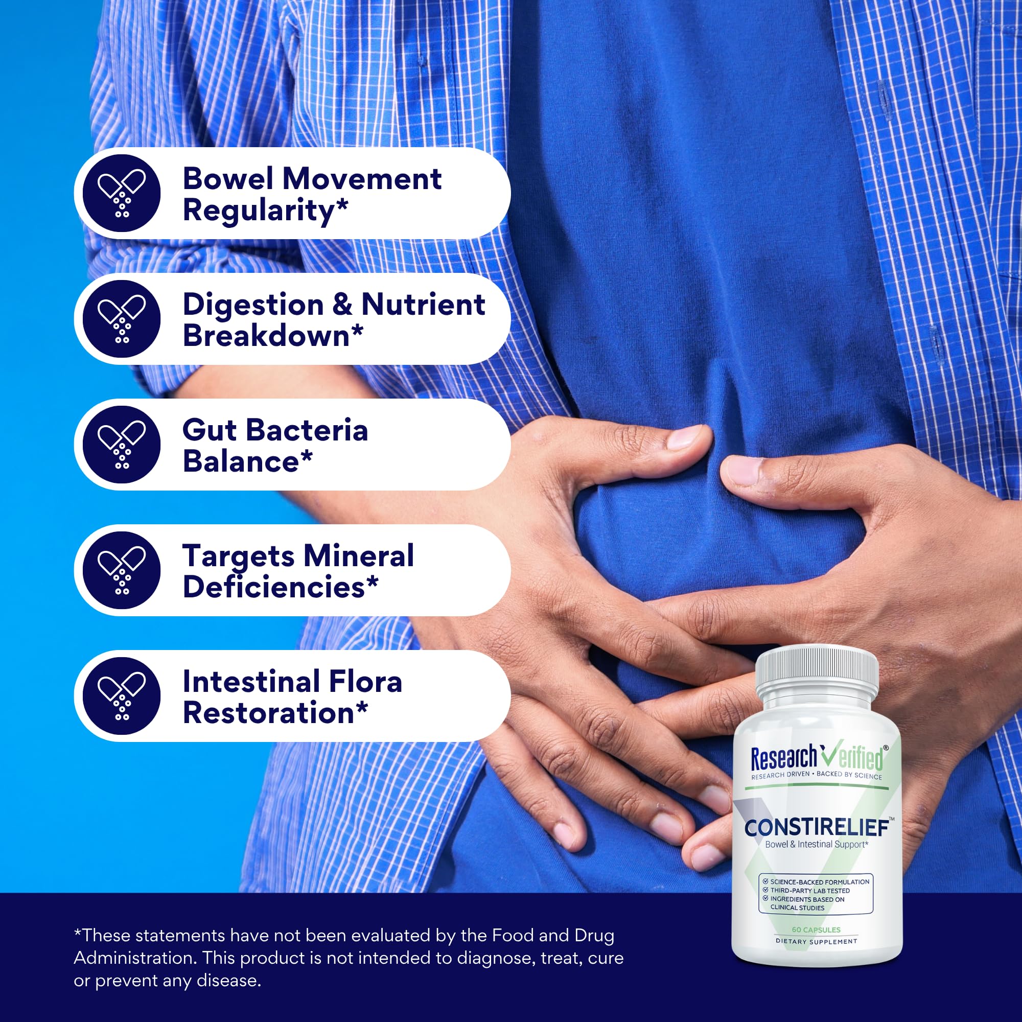 Research Verified ConstiRelief - The best Supplement for Constipation Relief on the market - with L. Acidophilus for long term health and prevention. 100% back guarantee! (Pack of 3) Research VerifiedAu supplements