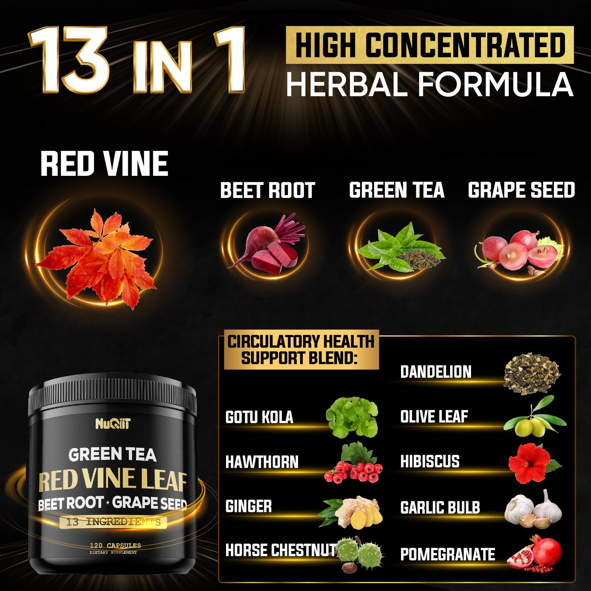 Red Vine Leaf Extract 15000mg Beet Root 3000mg Organic Green Tea 3000mg Supplement & More - Support Heart Health, Strength, Immune System & Body Management - 120 Vegan Capsules for 2-Month Supply NUQIITAu supplements
