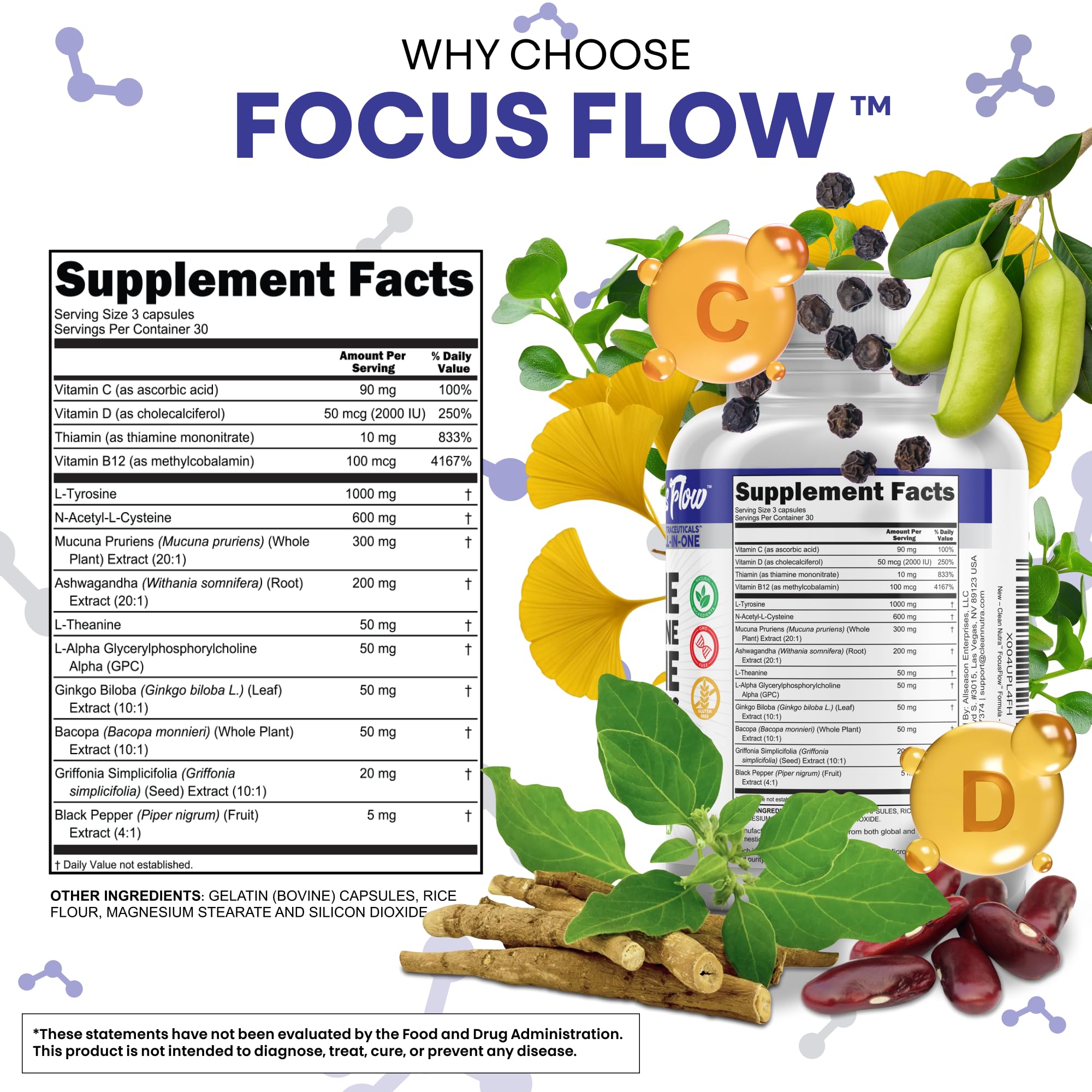 Focus Flow L-Tyrosine Vitamin B C D L-Theanine Ashwagandha Ginkgo Biloba Vitamin B12 Thiamine Black Pepper N-Acetylcysteine Mucuna Pruriens 90 Count Capsules by Clean Nutra Clean NutraceuticalsAu supplements