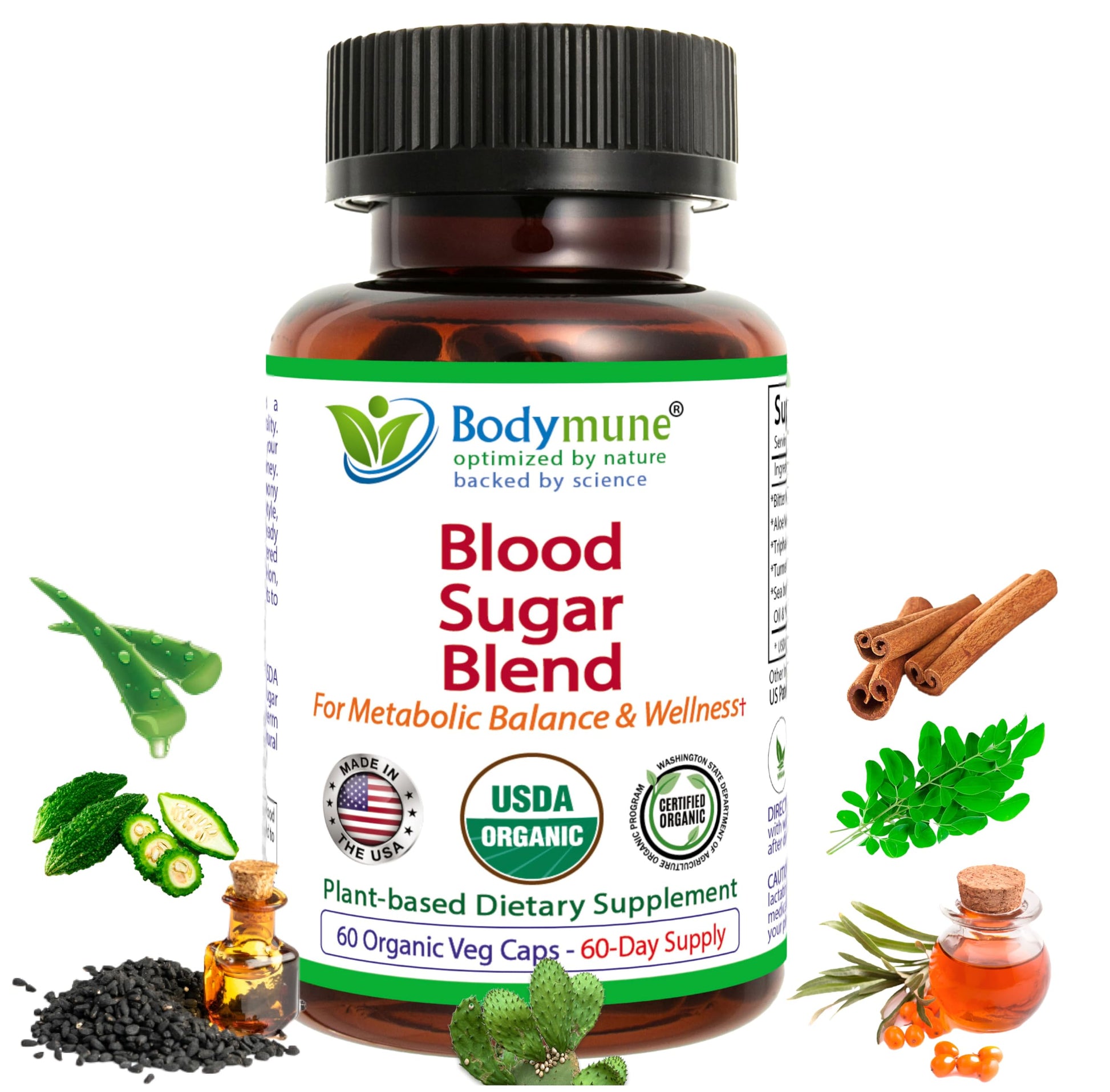 Bodymune USDA Organic Blood Sugar Blend | Supports Healthy Metabolism* | with Bitter Melon, Moringa, Aloe Vera, Nopal, Papaya Extracts & More | 60-Day Supply | Vegan & Non-GMO | USA-Made BodymuneAu supplements