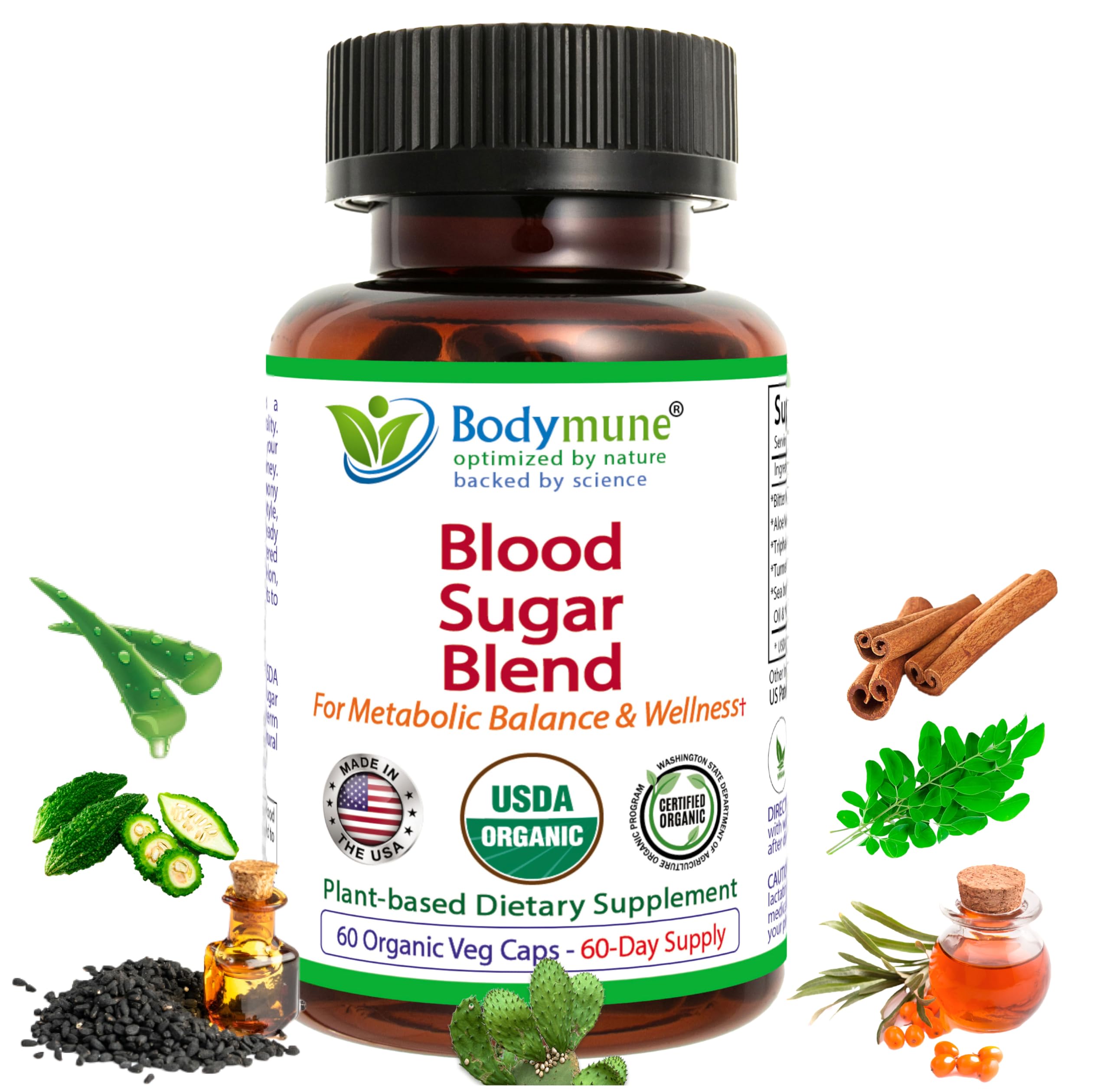 Bodymune USDA Organic Blood Sugar Blend | Supports Healthy Metabolism* | with Bitter Melon, Moringa, Aloe Vera, Nopal, Papaya Extracts & More | 60-Day Supply | Vegan & Non-GMO | USA-Made BodymuneAu supplements