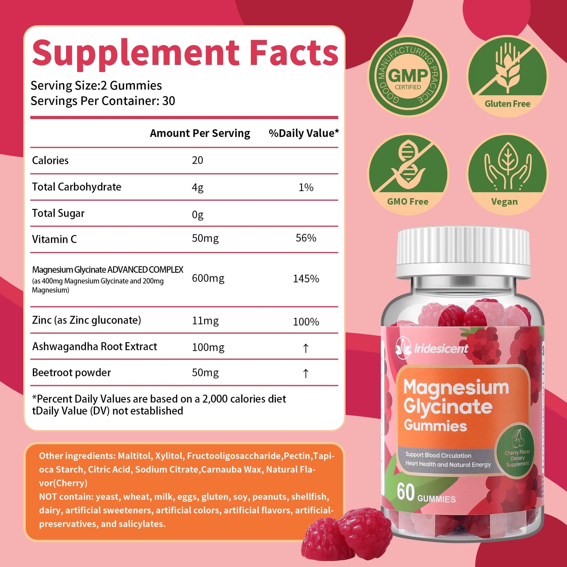 IRIDESICENT Magnesium Glycinate Gummies 400mg, Sugar Free Magnesium Supplement w/Ashwagandha, Zinc, Vegan Magnesium Glycinate Supplement for Adults - 120 Cherry Gummies IRIDESICENTAu supplements